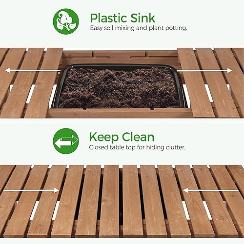 Miniatura 6 de Yaheetech Mesa de banco para macetas para jardín, horticultura, estación de trabajo de madera, bancos con mesa deslizantefregadero extraíbleestante