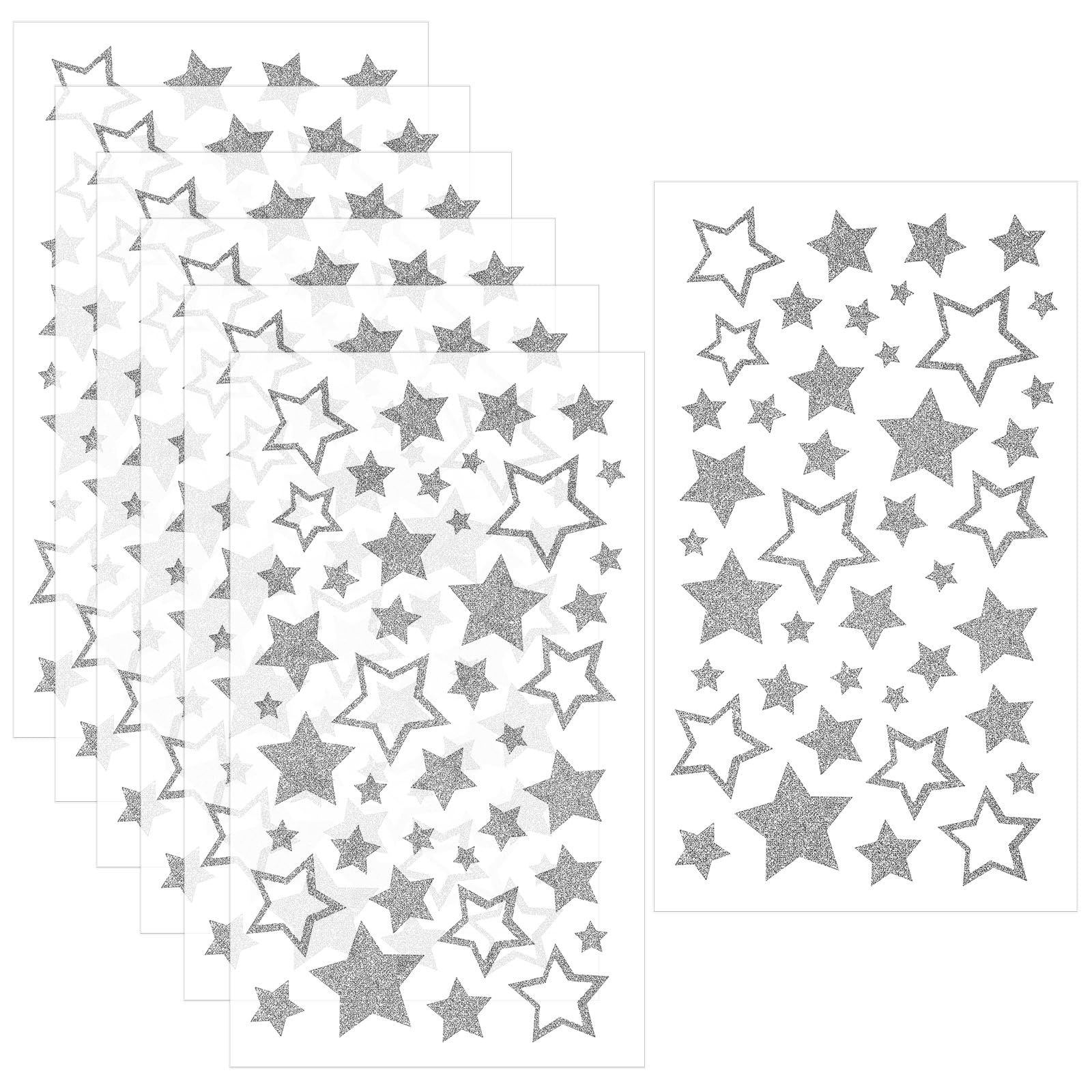 WJIAAA 6 Sheets Glitter Silver Star Stickers, Self Adhesive Star Labels for Crafts Kids Reward Christmas Decoration Classroom Supplies(Silver)