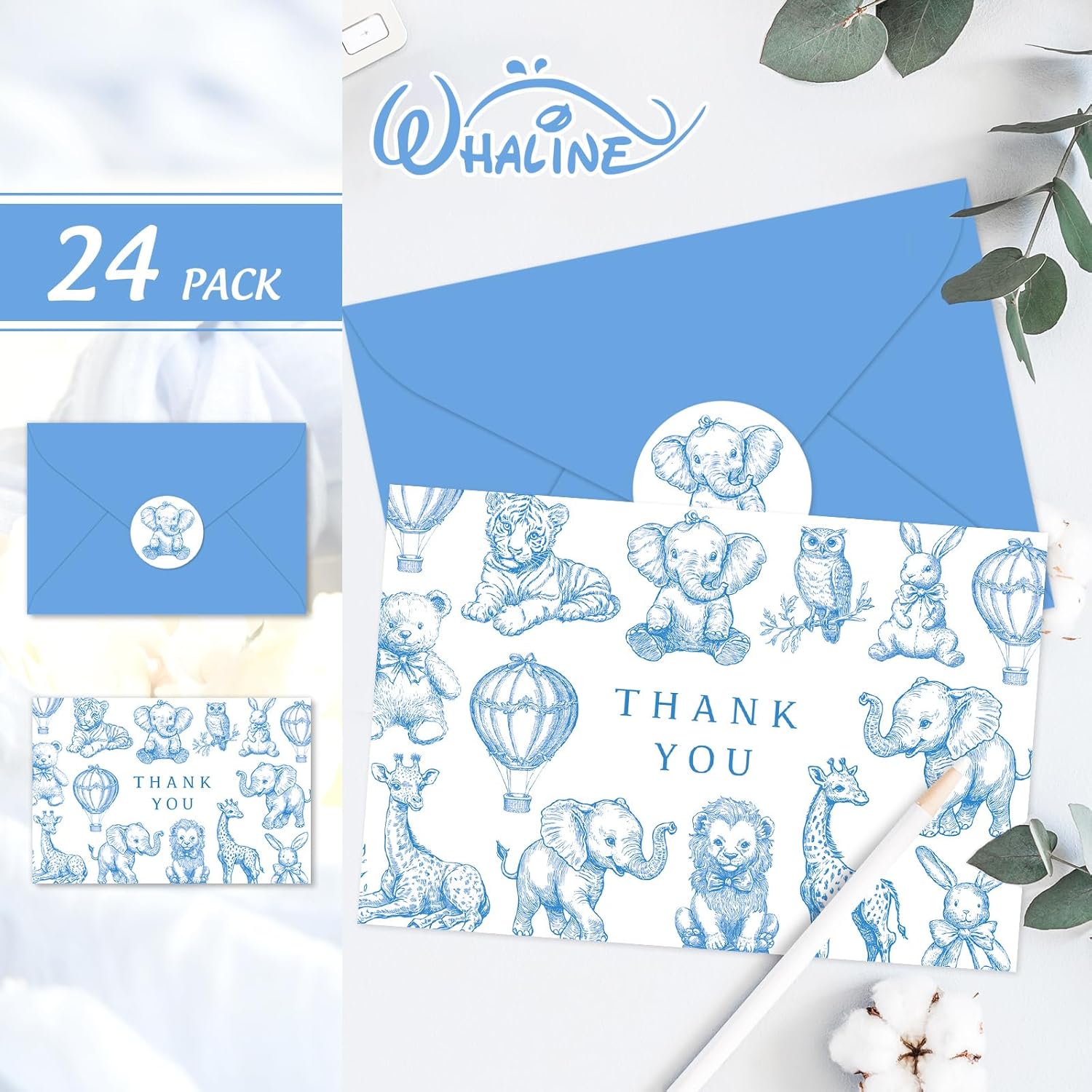 Whaline 24 Pack Baby Shower Thank You Card Cute Blue White Animal Greeting Cards with Envelopes Stickers Blank Note Cards for Gender Reveal Birthday Party Supplies - Image 3
