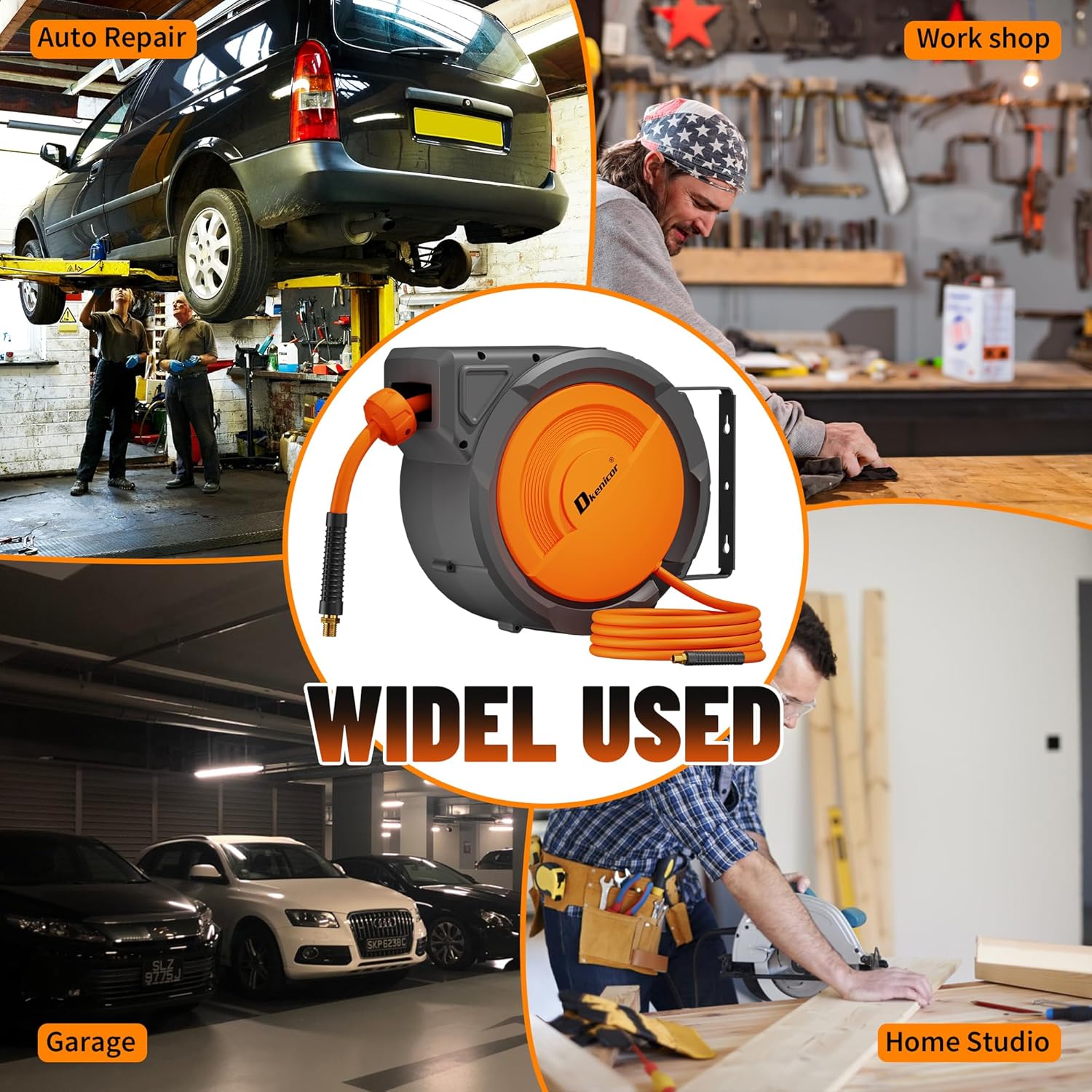 Retractable Air Hose Reel, 3/8" x 80ft Hybrid Hose, Auto Rewind Enclosed Air Compressor Hose Reel with 180° Swivel Bracket, Max 300 PSI Any Length Lock for Garage & Workshop