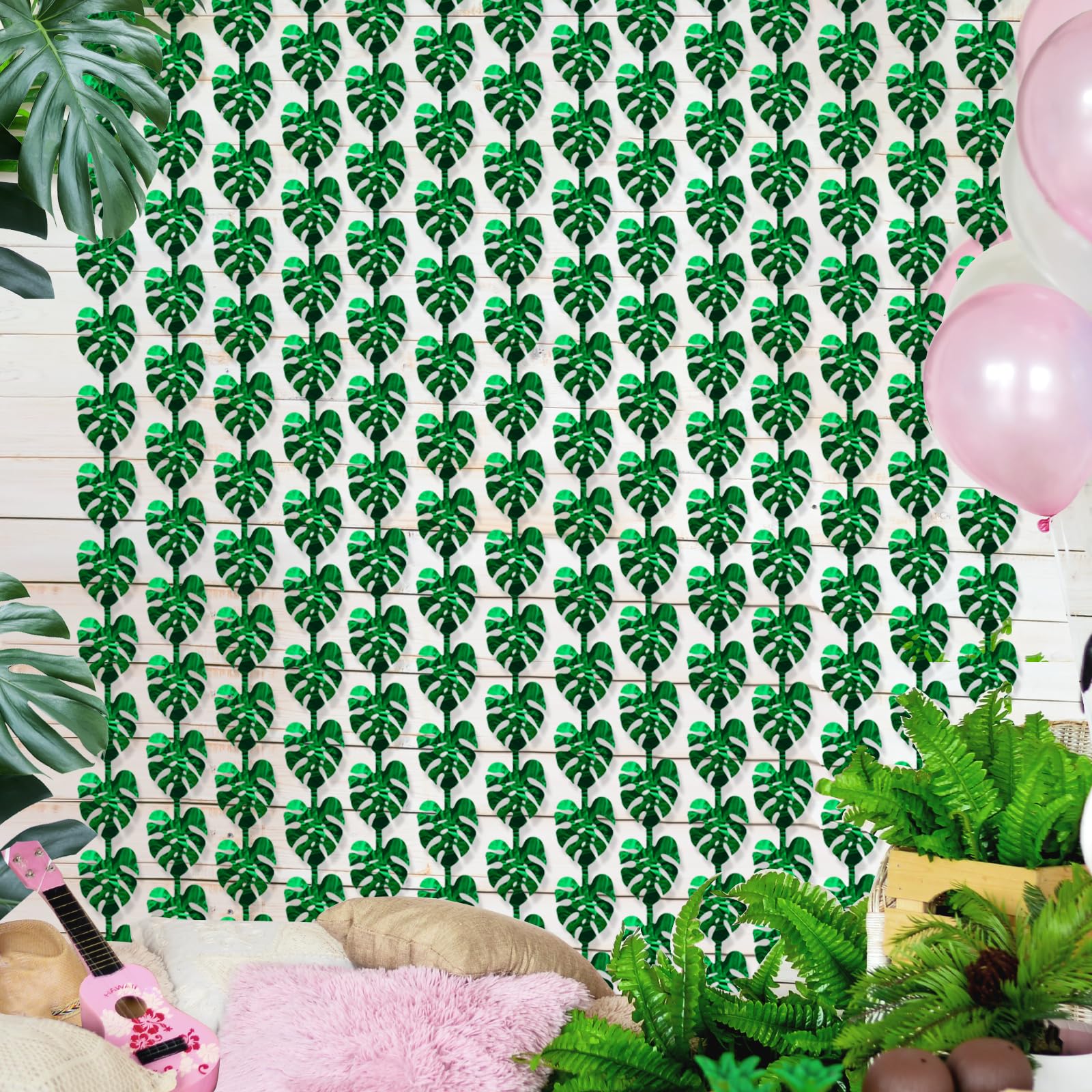 Tropical Luau Party Decorations 2Pack of 3.3x6.6ft Green Tropical Palm Leaves Photo Booth Prop Jungle Leaf Foil Fringe Curtain,Photo Backdrop for