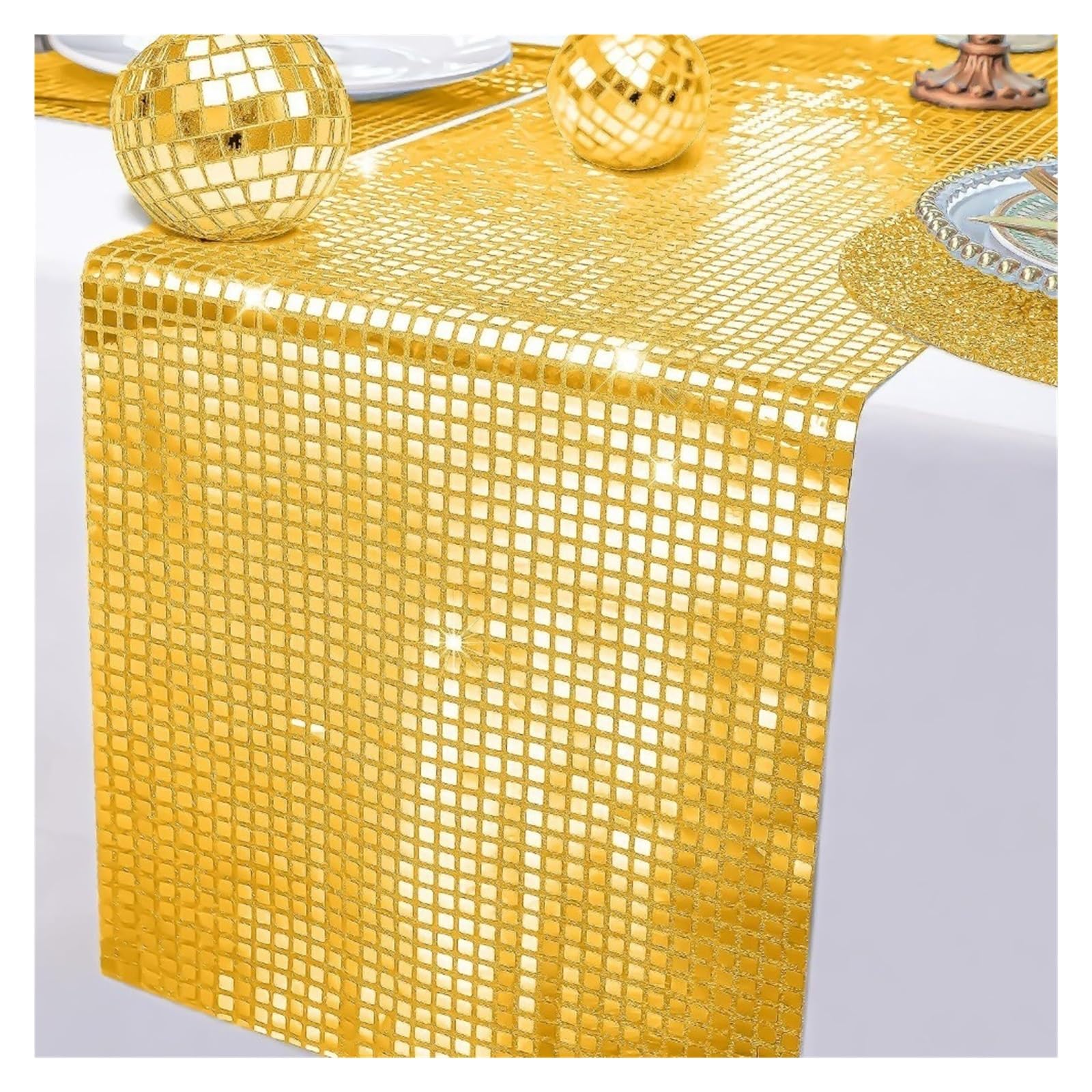 Disco Table Runner Unique Glitter Disco Table Runner Mirror Design Tablecloth Sequin Dining Decoration Birthday(Gold-L-)