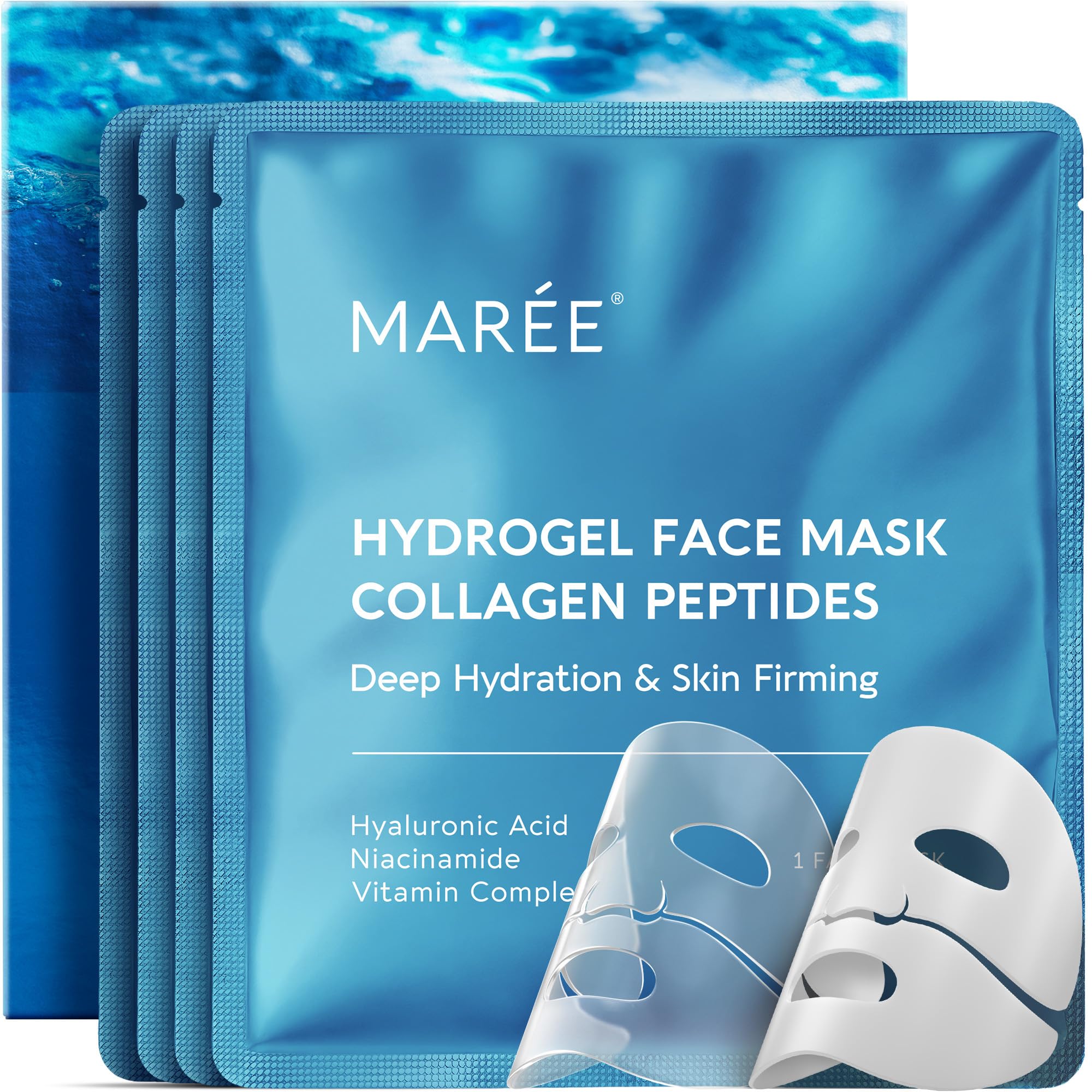 MAREE Hydrogel Collagen Facial Mask with Hyaluronic Acid — Hydrating Face Masks Skincare — Niacinamide, Amino Acids & Red Algae Extract — Facial Masks For Women — Mascarillas Para La Cara — 4 Count