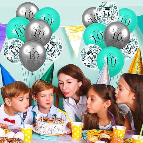 Miniatura 7 de Globos de cumpleaños número 10  15 globos de feliz cumpleaños verde azulado plateado turquesa suministros para niños, niñas y niños de 10 años de