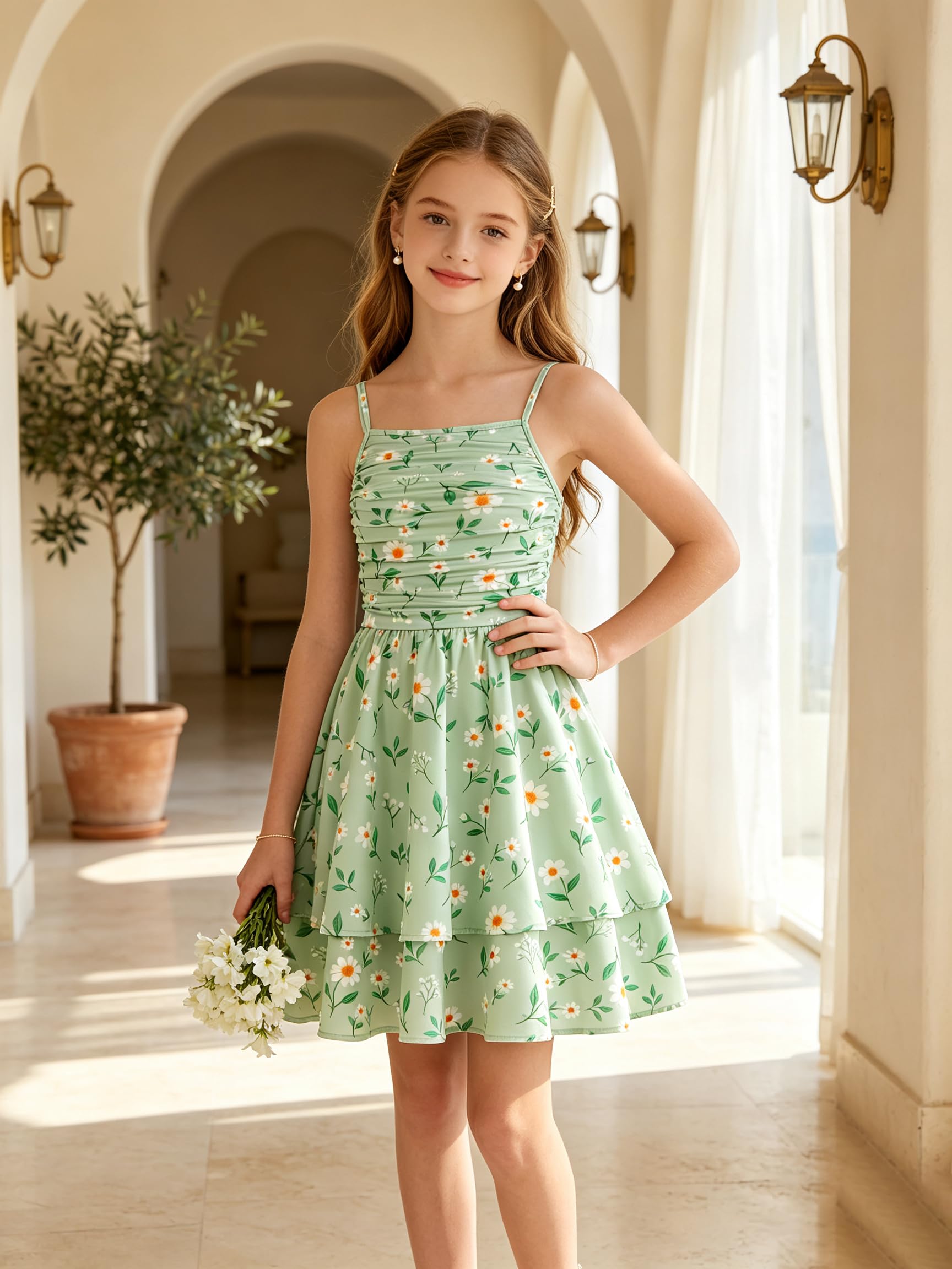ALISISTER Mädchenkleid mit Blumenmuster, Größe 36-44, doppellagiges Kleid mit ausgestellten Ärmeln, Cardigan