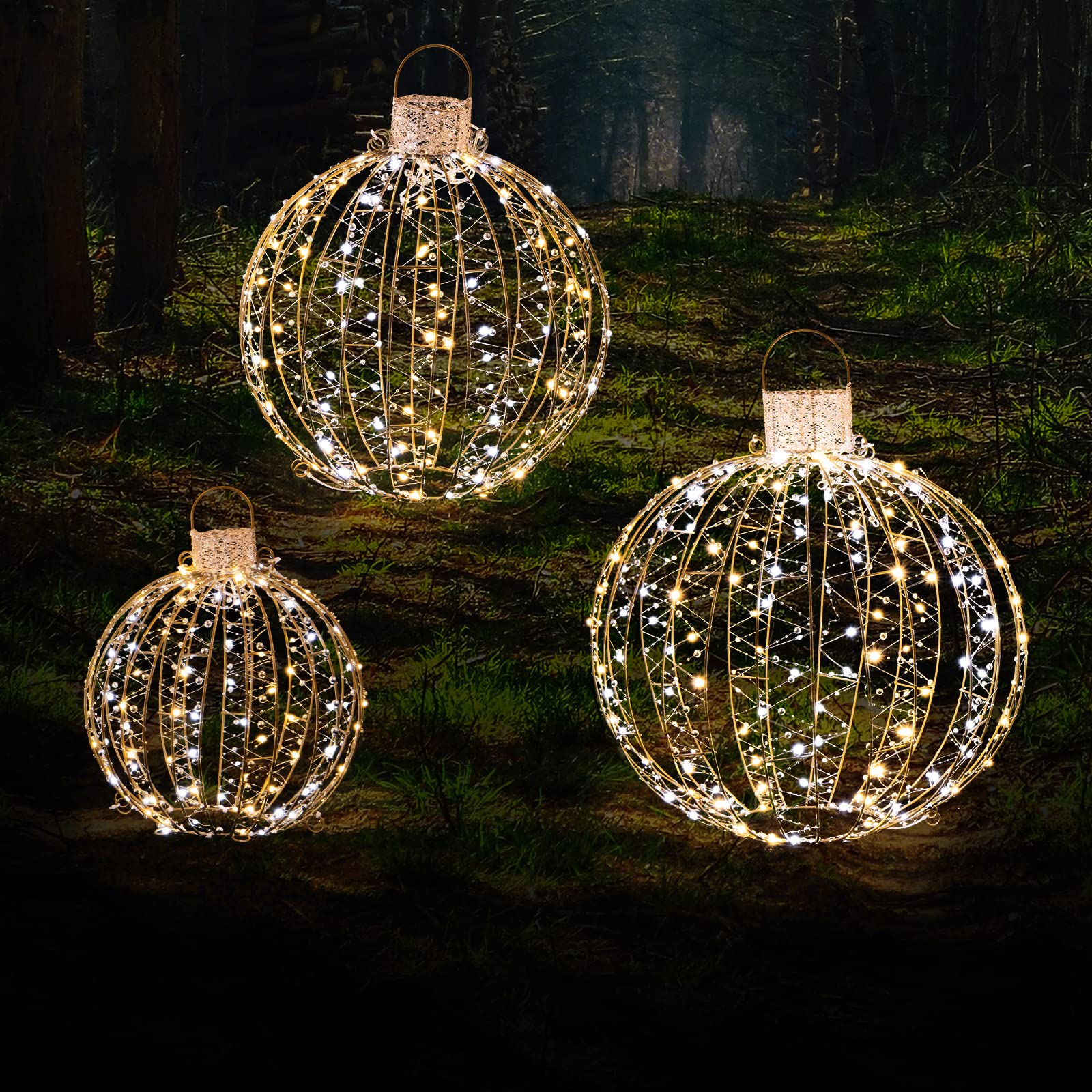 GYMAX Set di 3 Palle Luminose Natalizie a LED, Luce a Sfera da Appendere con 30 Fascette e 6 Picchetti, Globi Luminosi con Struttura in Ferro per Alberi, Prati e Giardini da Interno ed Esterno