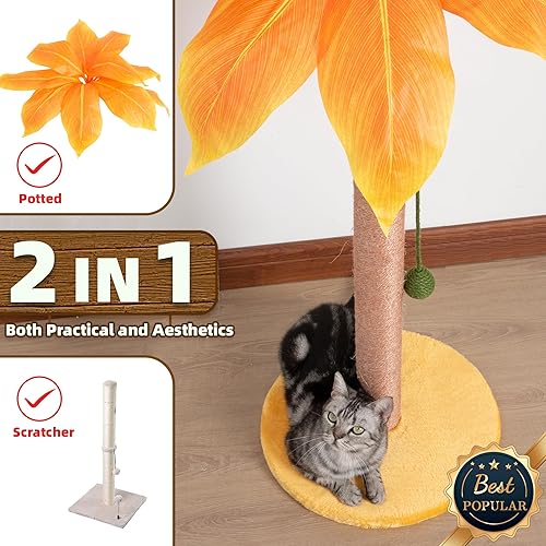 Miniatura 10 de Poste rascador para gatos de 27.5 pulgadas, bonito rascador para gatos con cuerda de sisal para interiores, palmera, gato, con bolas colgantes para