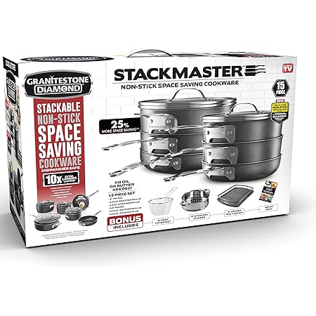 GRANITESTONE Stackmaster 15 Piece Induction-compatible, Nonstick Cookware Set, Scratch-Resistant, Granite-coated Anodized Aluminum, Dishwasher-Safe, PFOA-Free As Seen On TV