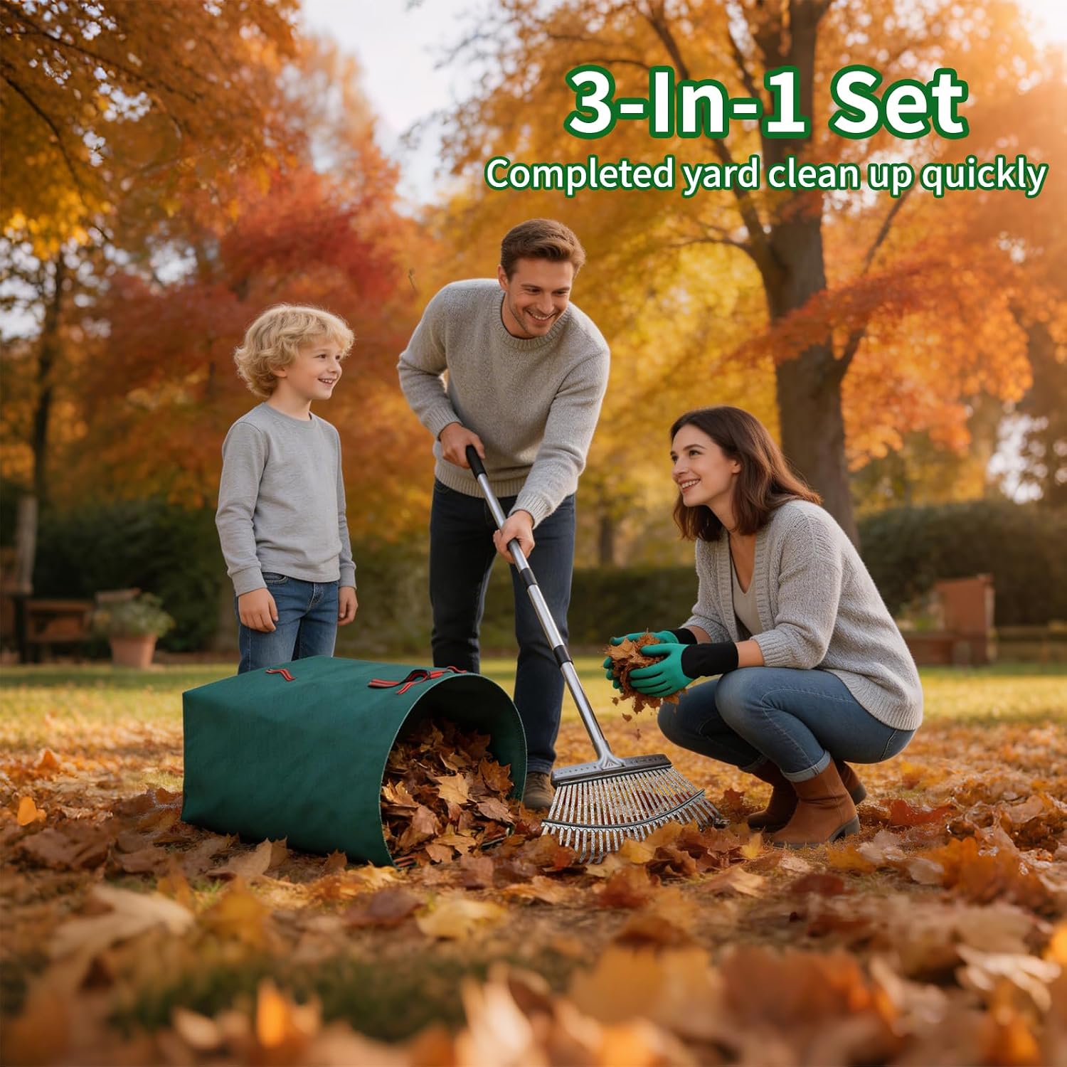 72 Gallon Leaf Rake Set with Dustpan-Type Bag - Heavy Duty Garden Rake for Leaves, 18" Wide 25 Tines Adjustable Handle, Protective Gloves for Lawn, Yard & Garden Cleanup image 2