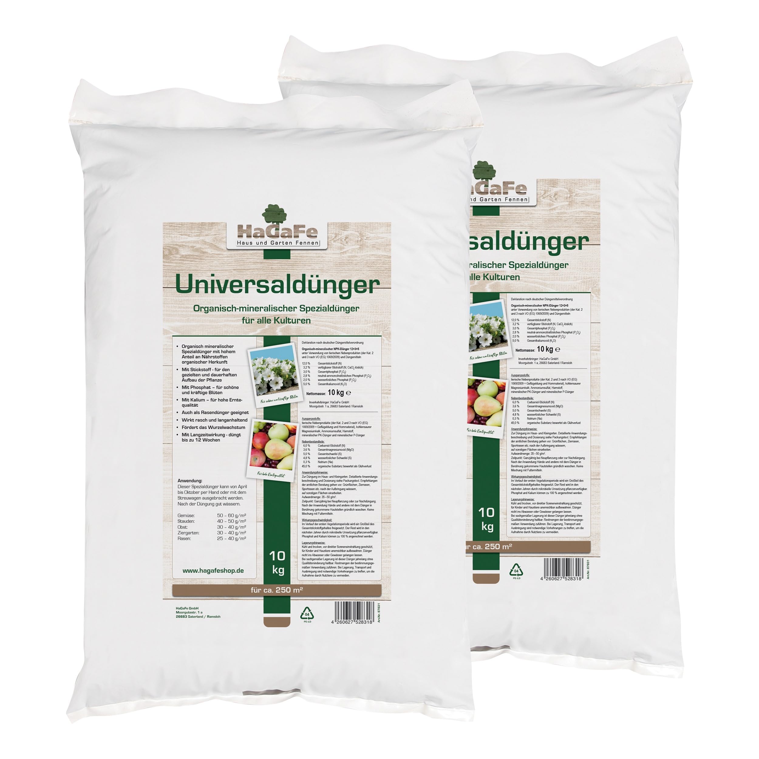 Universaldünger organisch mineralischer Spezialdünger für alle Kulturen Gartendünger Rasendünger Gemüse Dünger (20 kg (2x 10 kg))
