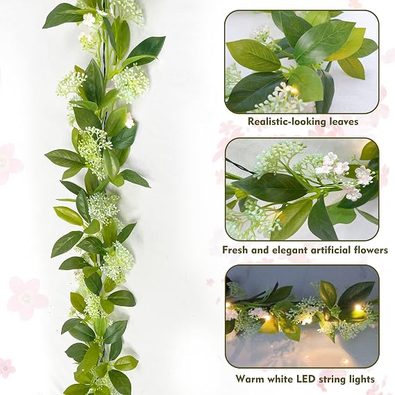 Greenery Garland for Mantle with Lights Battery Operated Vine Garland with Timer, Spring Summer Wedding Holiday Decor