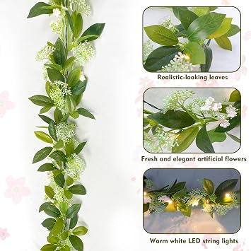 Greenery Garland for Mantle with Lights Battery Operated Vine Garland with Timer, Spring Summer Wedding Holiday Decor