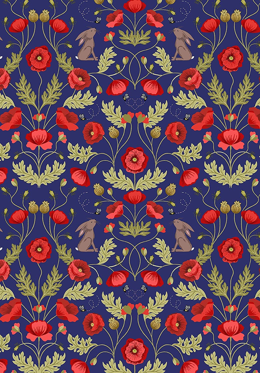 Poppies Floral Fabrics - Lewis & Irene - 100% Quality Cotton Poplin Fabric - Per Metre - Sewing Quilting Bunting Dress Fabric - Simply Sew Crafty™ (Poppy Bunny Navy)