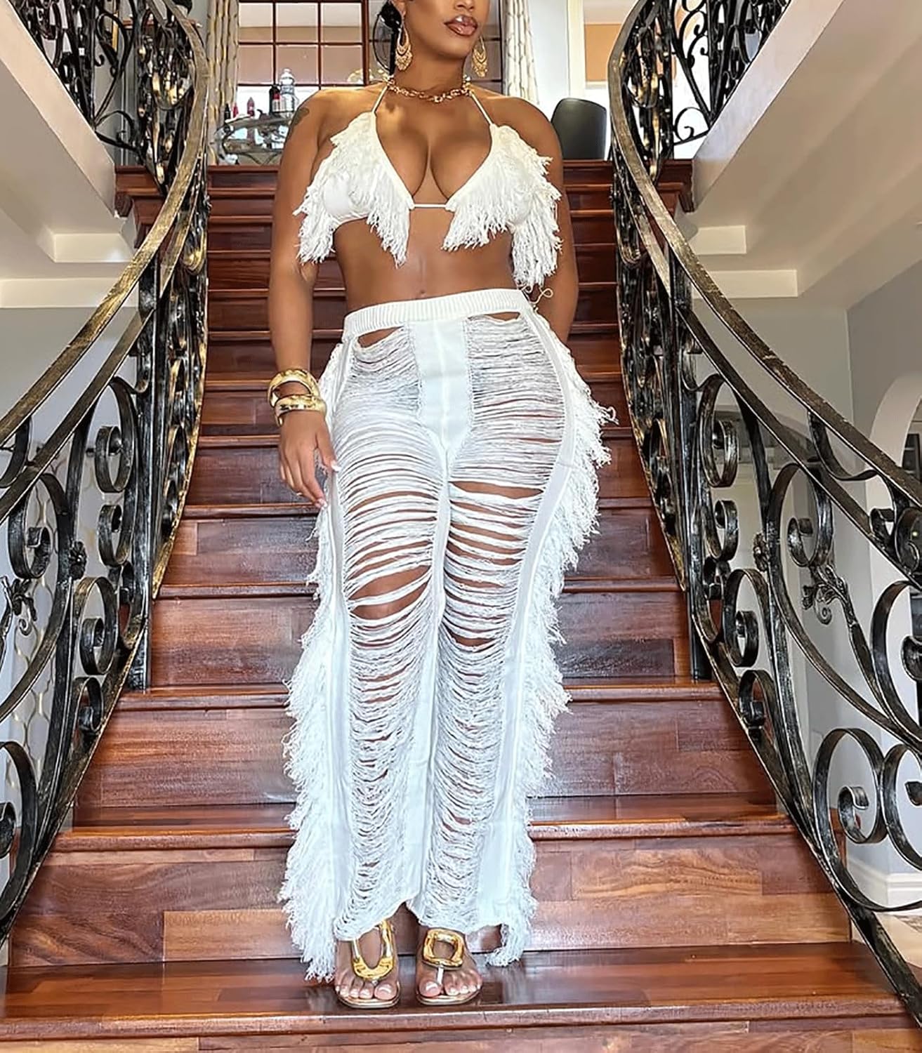 KANSOON Two Piece Sets for Women Sexy Crochet Outfits Halter Top Fringe Pants Summer Party Clubwear - Image 8