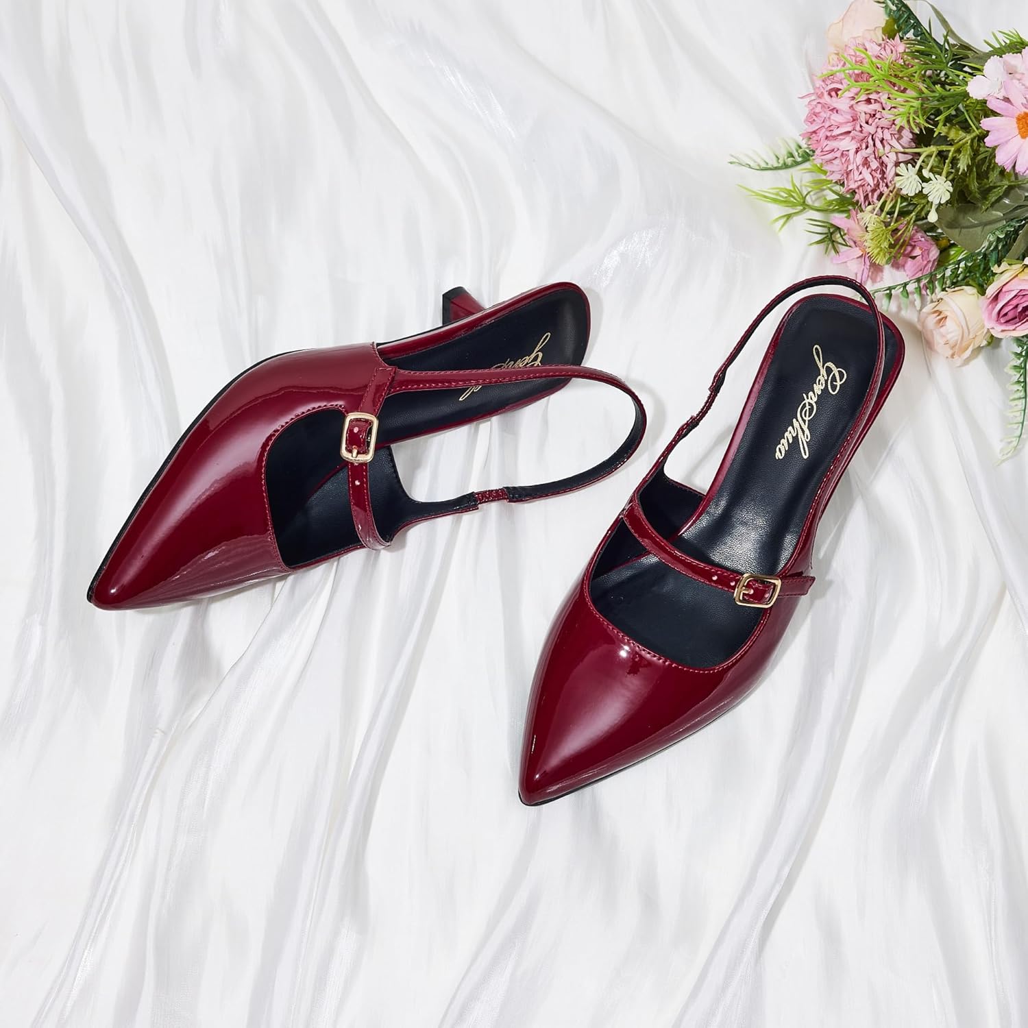 GENSHUO Women's Slingback Kitten Heels Pointed Closed Toe Low Heeled Pumps with Buckle Strap Elegant Dress Shoes for Wedding Party Prom and Work Dating - Image 3