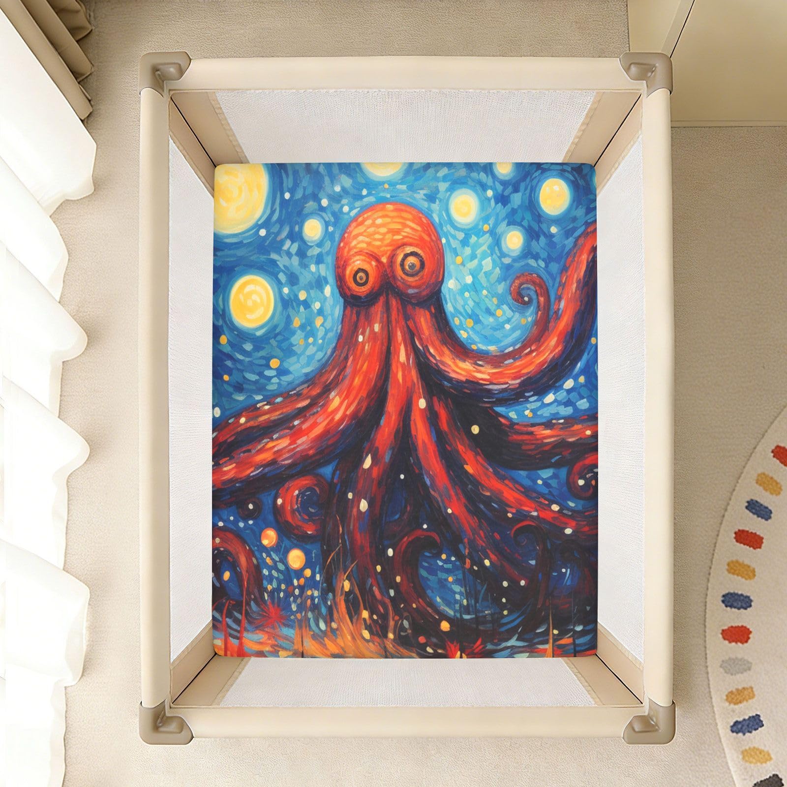 Pulpo Rojo Azul Arte Sábana de Cuna para Niños Pequeños,Sábanas de Algodón Suave para Bebés Aptas para Colchón Corralito