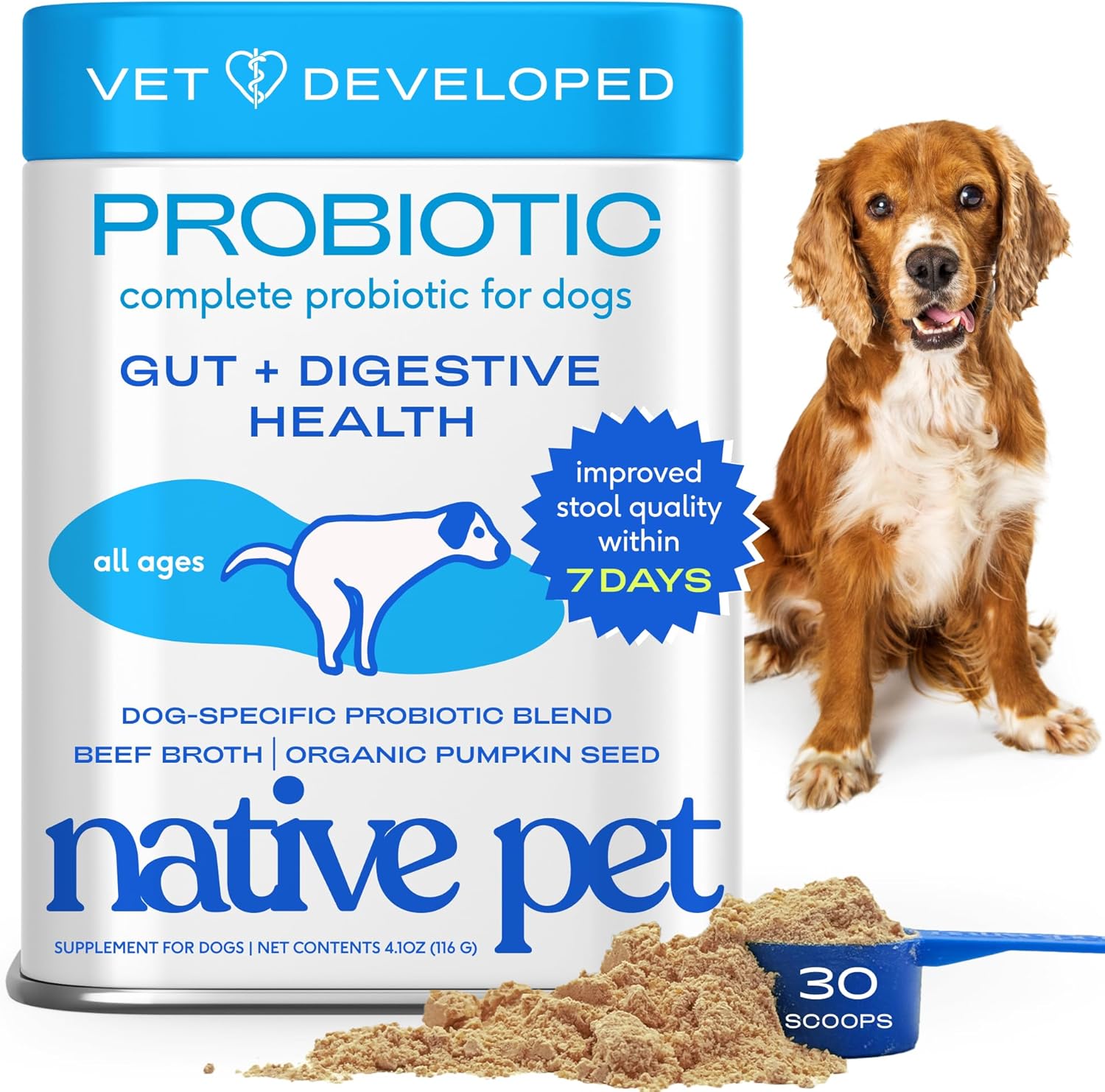 Native Pet Probiotics for Dogs – Dog Probiotics Powder for Digestive Health, Gut Support, & Immune Boost – Vet-Formulated Powder for Maximum Potency with Digestive Enzymes & Prebiotics – 30 Scoops