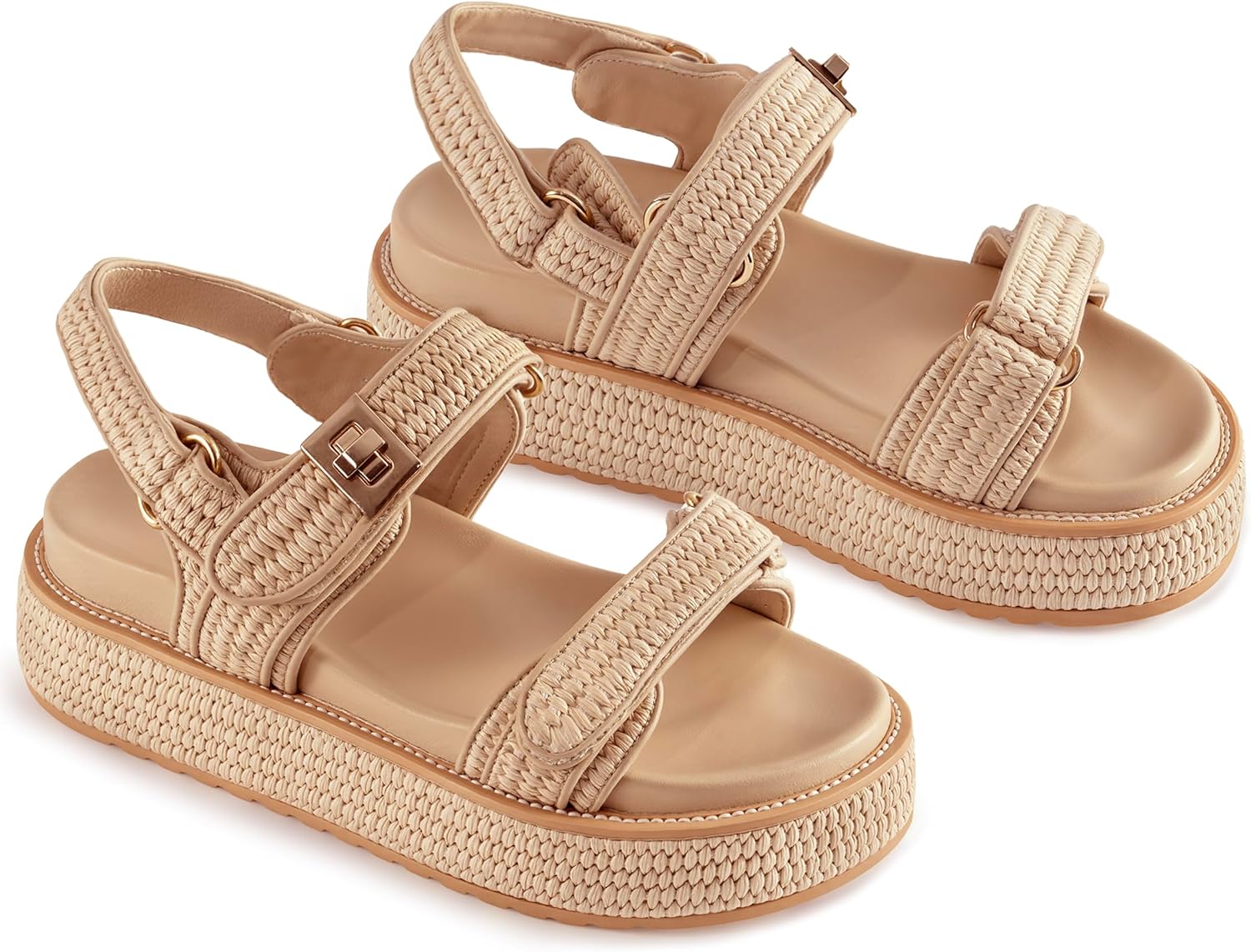 VARECOLA Women’s Platform Sandals, Raffia Comfortable Chunky Flat Woven Sandals Open Toe Shoes for Summer Beach 7 Light Pink image 6 of 6 B0F5WW98BW