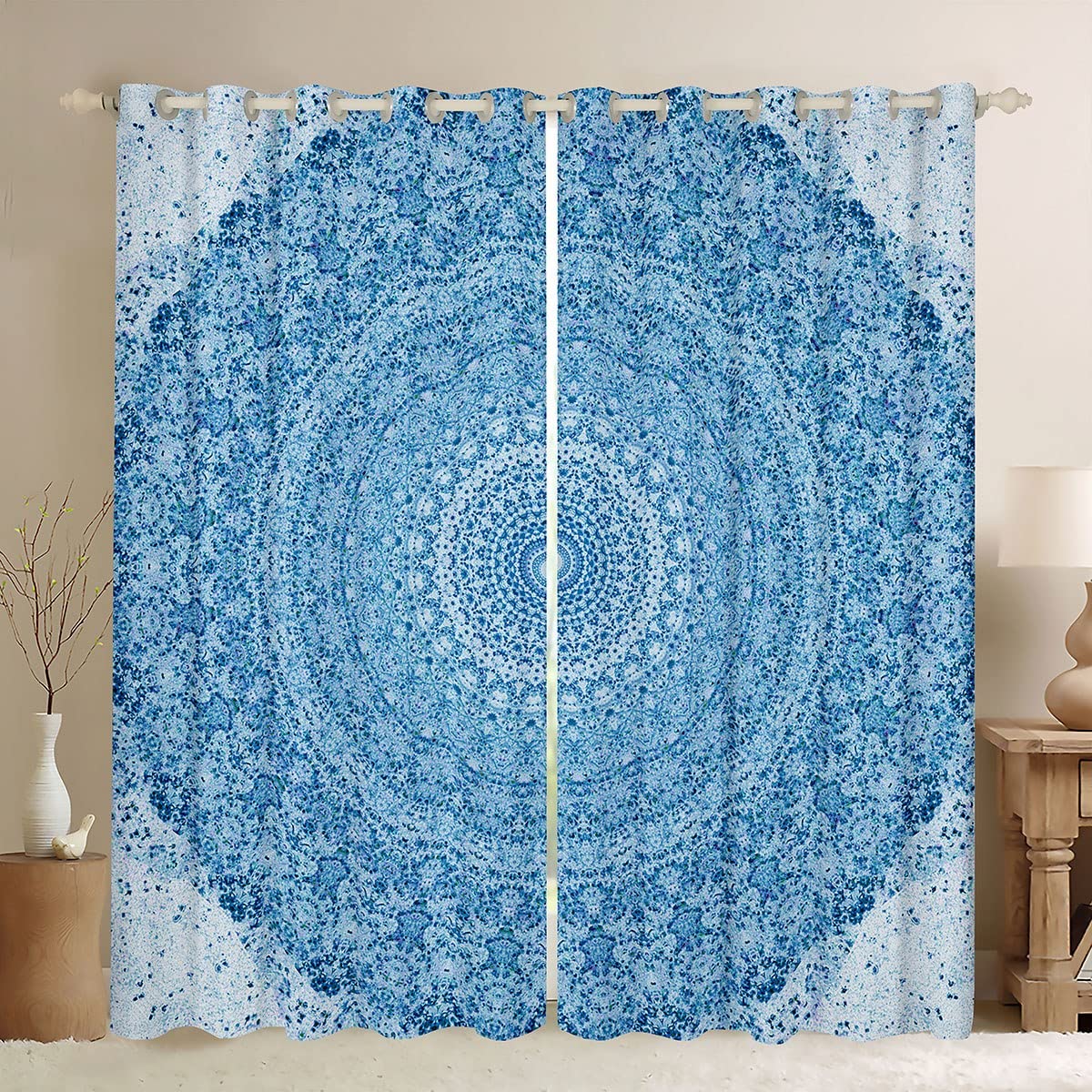 richhome Mandala Pattern Window Curtains,Blue Watercolor Curtain,Boho Tie-dye Window Drapes for Kid Teens Boys Young Man,Modern Bedroom Decorative,Kaleidoscope Curtain,66Wx90L