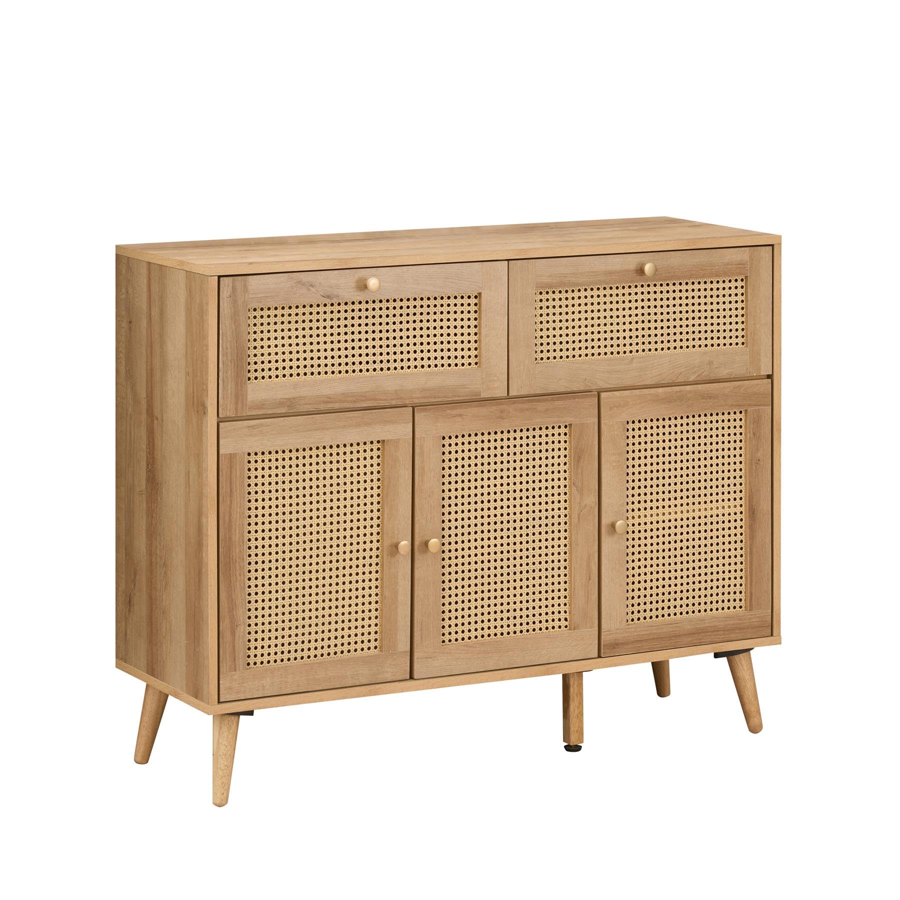 Swish Furniture Manila Large Sideboard Storage Cabinet, 2 Drawer 3 Door Oak & PVC Rattan Living Room Furniture Buffet Storage Solutions, Dining Room Console Table, Bohemian Rustic Kitchen Storage Unit