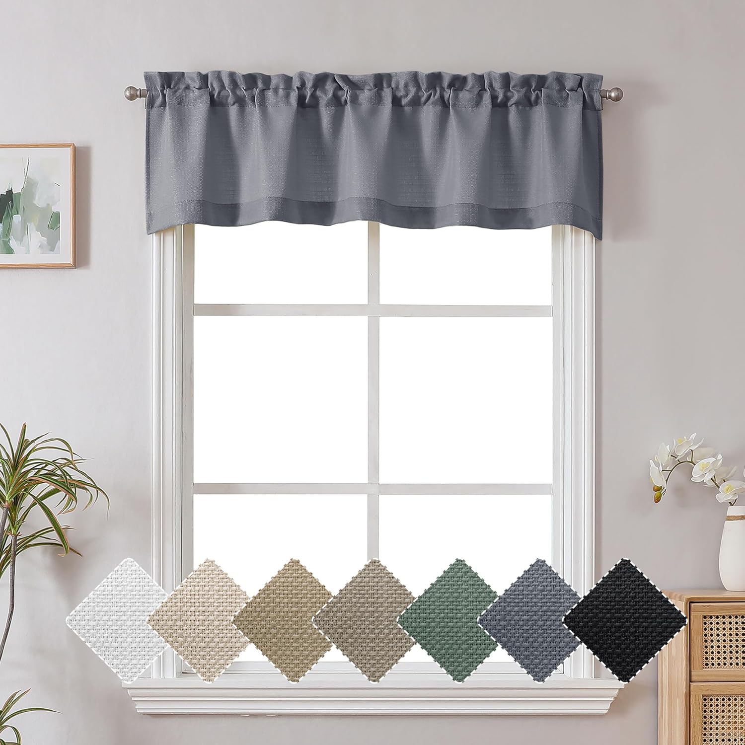 Chyhomenyc Dark Grey Valance for Windows, Faux Linen Slub Textured Semi Sheer Small Window Kitchen Curtain, Rod Pocket Cafe Valance for Bathroom Laundry Basement, 60Wx14L inch, 1 Piece Dark Grey 60"W x 14"L (Pack of 1)