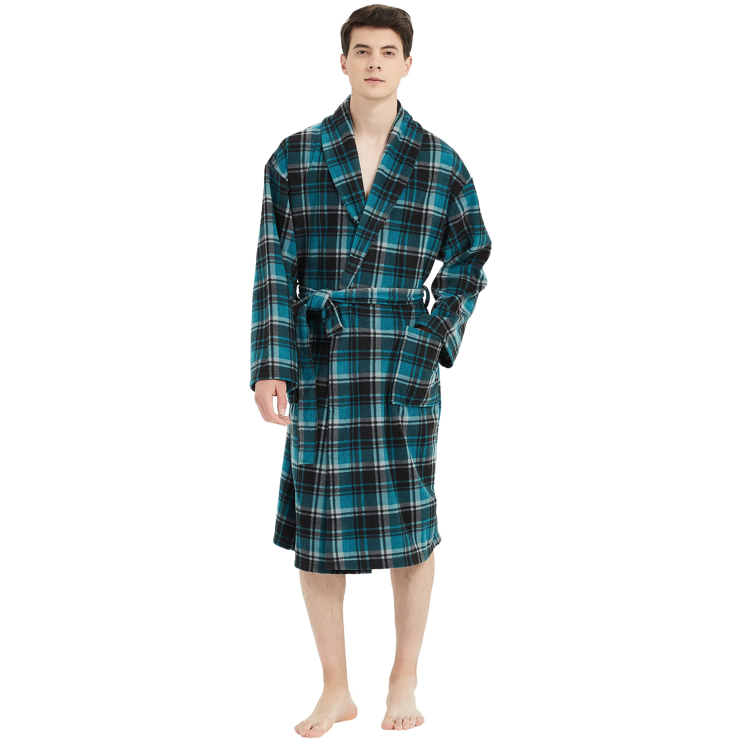 Mens Plush Fleece Plaid Robe Soft/Warm Spa Bathrobe for Men, Shawl Collar