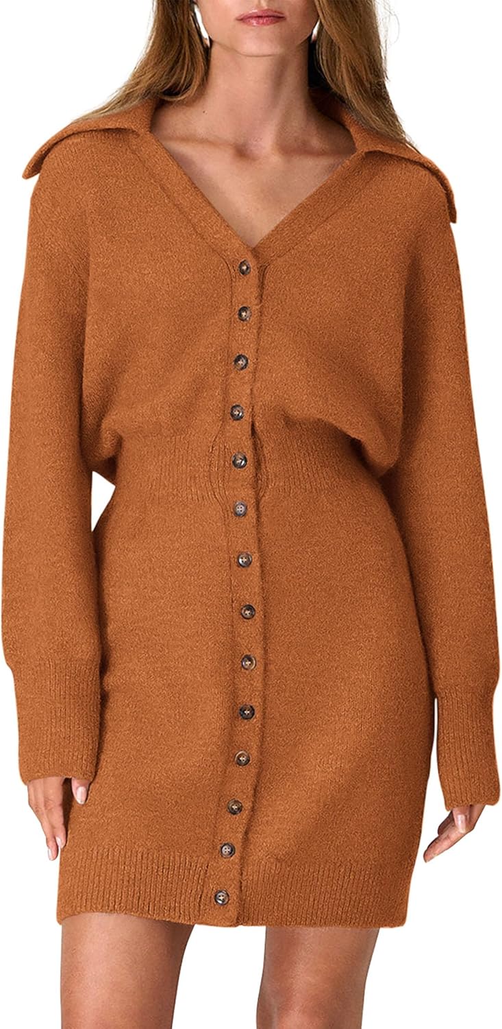 PRETTYGARDEN Sweater Dresses for Women 2025 Trendy Long Sleeve Button Down Short Mini Fall Winter Dress