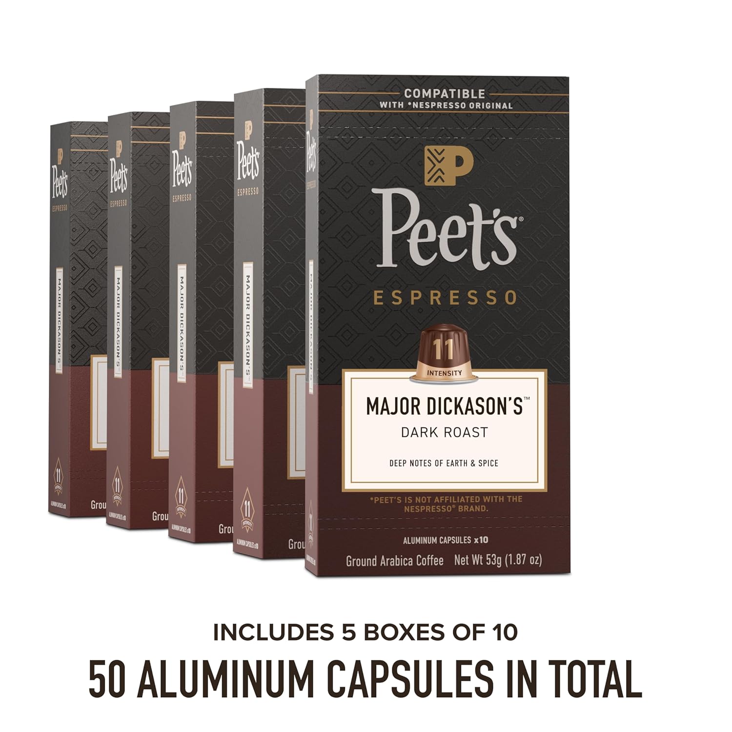 Peet's Coffee, Dark Roast Espresso Capsules, Compatible with Nespresso Original Machines, 100% Arabica Coffee - Major Dickason's Blend Intensity 11, 50 Count (5 Boxes of 10 Espresso Capsules)