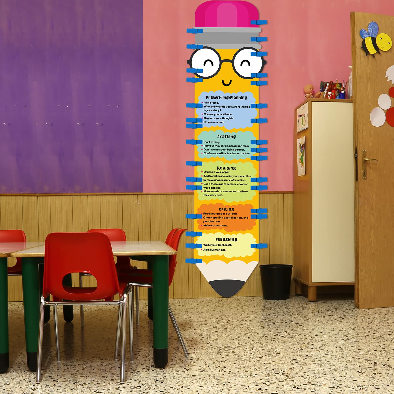 Tinlade 31-teiliges Schreibprozessdiagramm-Set, 158x44 cm, Schreibprozess-Poster mit 30 hölzernen Wäscheklammern, Lernposter, pädagogische Klassenzimmer, Mittelschule, Dekorationen