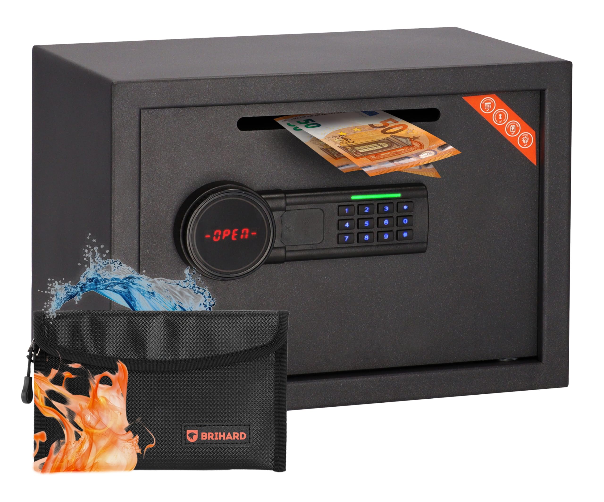 Coffre-fort de dépôt 25 x 35 x 25 cm avec fente, boîte électronique verrouillable pour argent liquide avec sac ignifuge, coffre-fort de 20 L avec serrure à clavier numérique et écran LCD