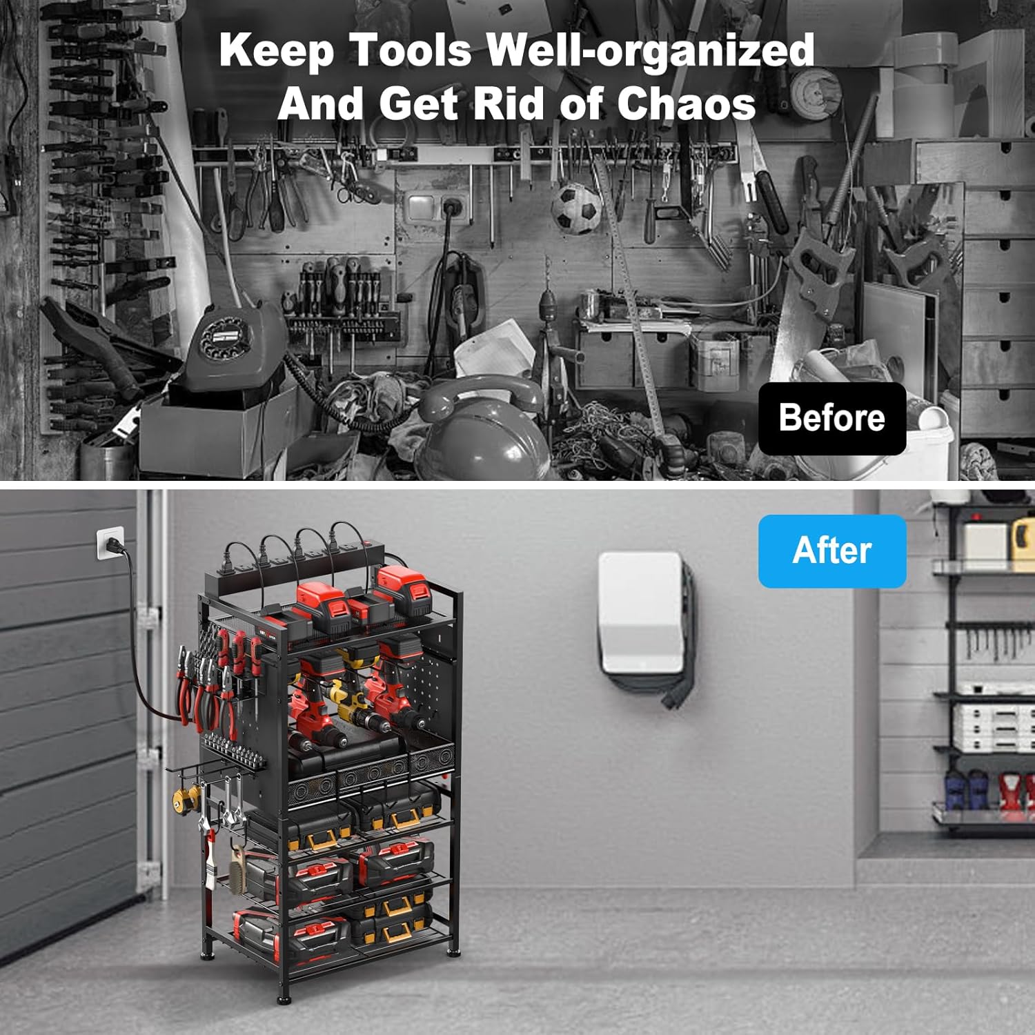 JUNNUJ Power Tool Organizer Floor Stand with Charging Station, Garage Adjustable Storage Rack Utility Tool Shelf with 8 Outlet Power Strip, Heavy Duty Drill and Battery Holder, Black