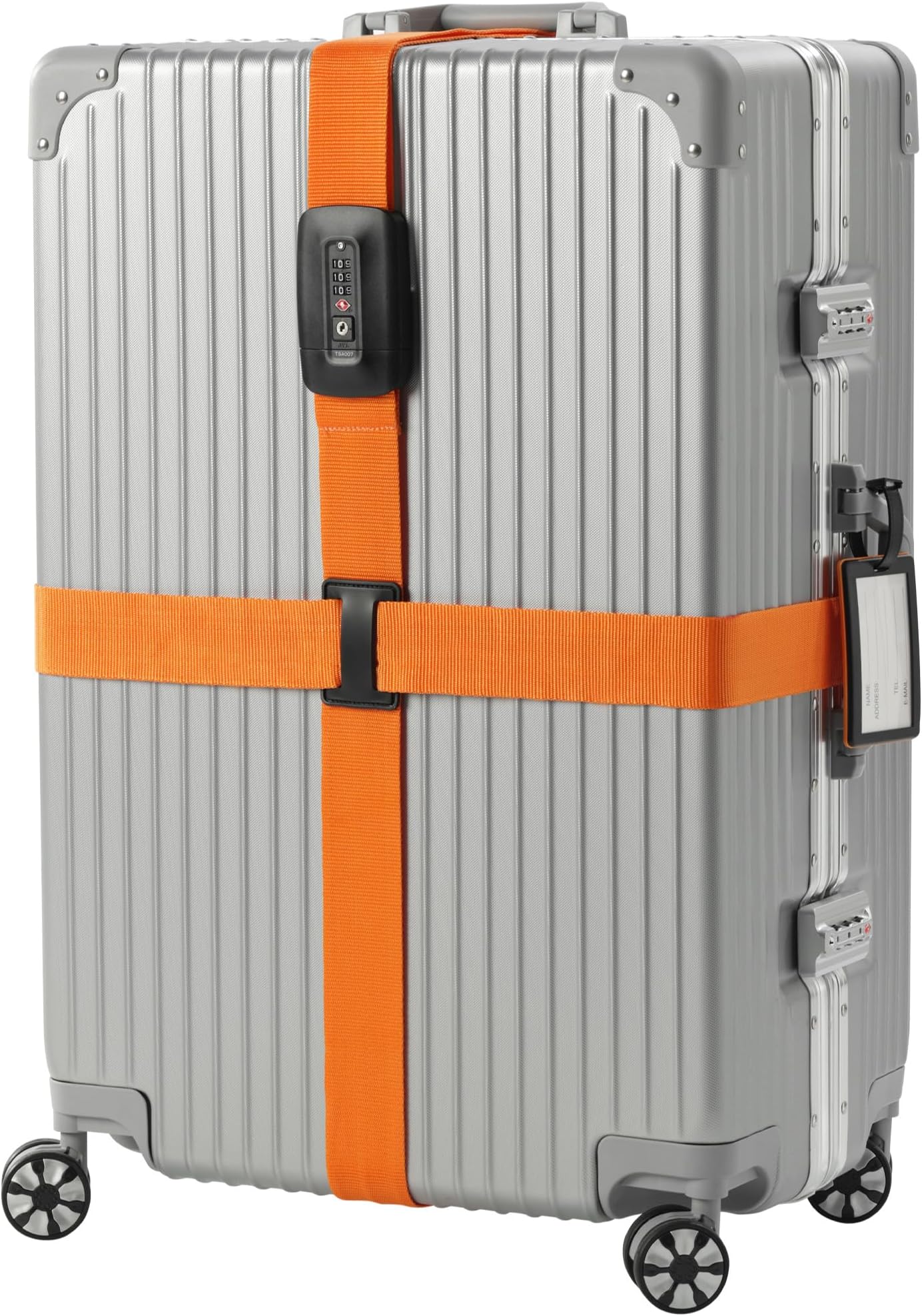 Navaris TSA Luggage Strap - Secure Adjustable Strap for Suitcases with Combination Lock - Lockable Cross Case Travel Belt for Luggage with ID Tag - Orange
