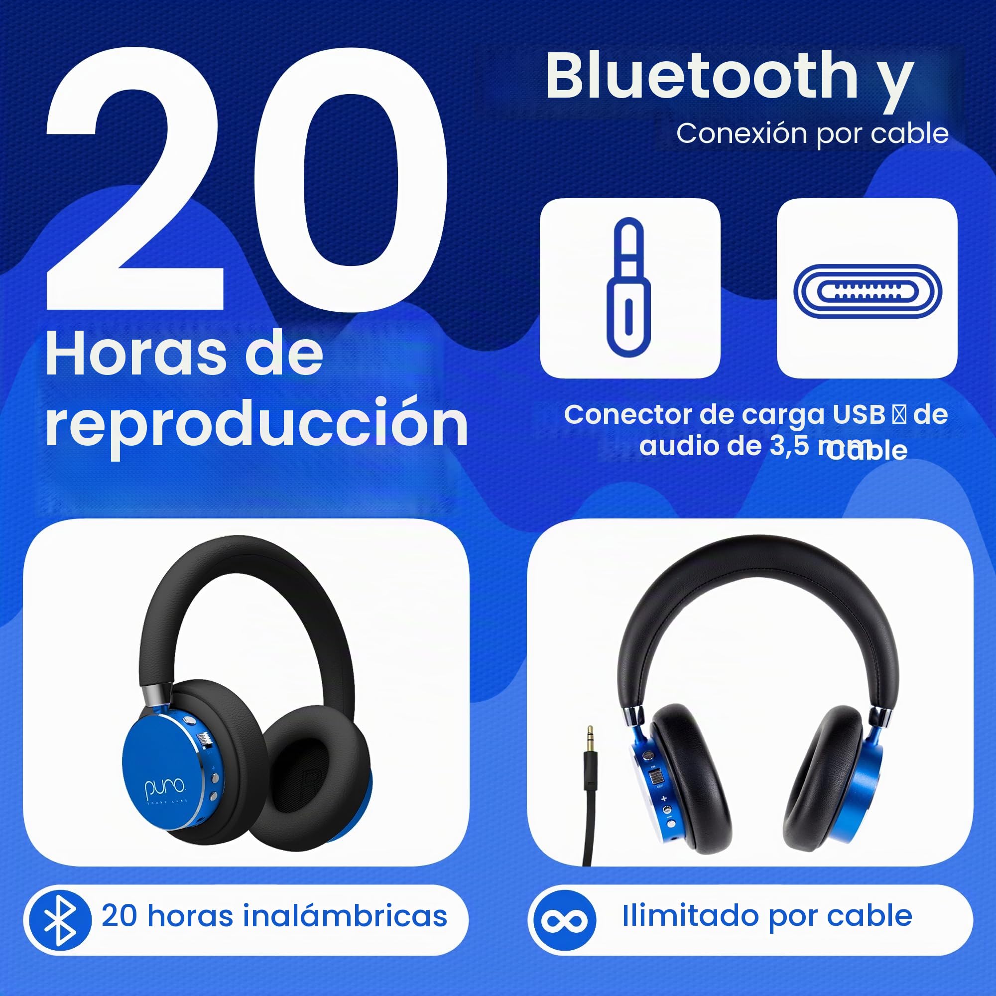 Puro Sound Labs BT2200-Plus Auriculares Bluetooth para Niños con Limitación de Volumen - Auriculares más Seguros para Niños - Calidad de Audio de Estudio y Aislamiento de Ruido (Azul)