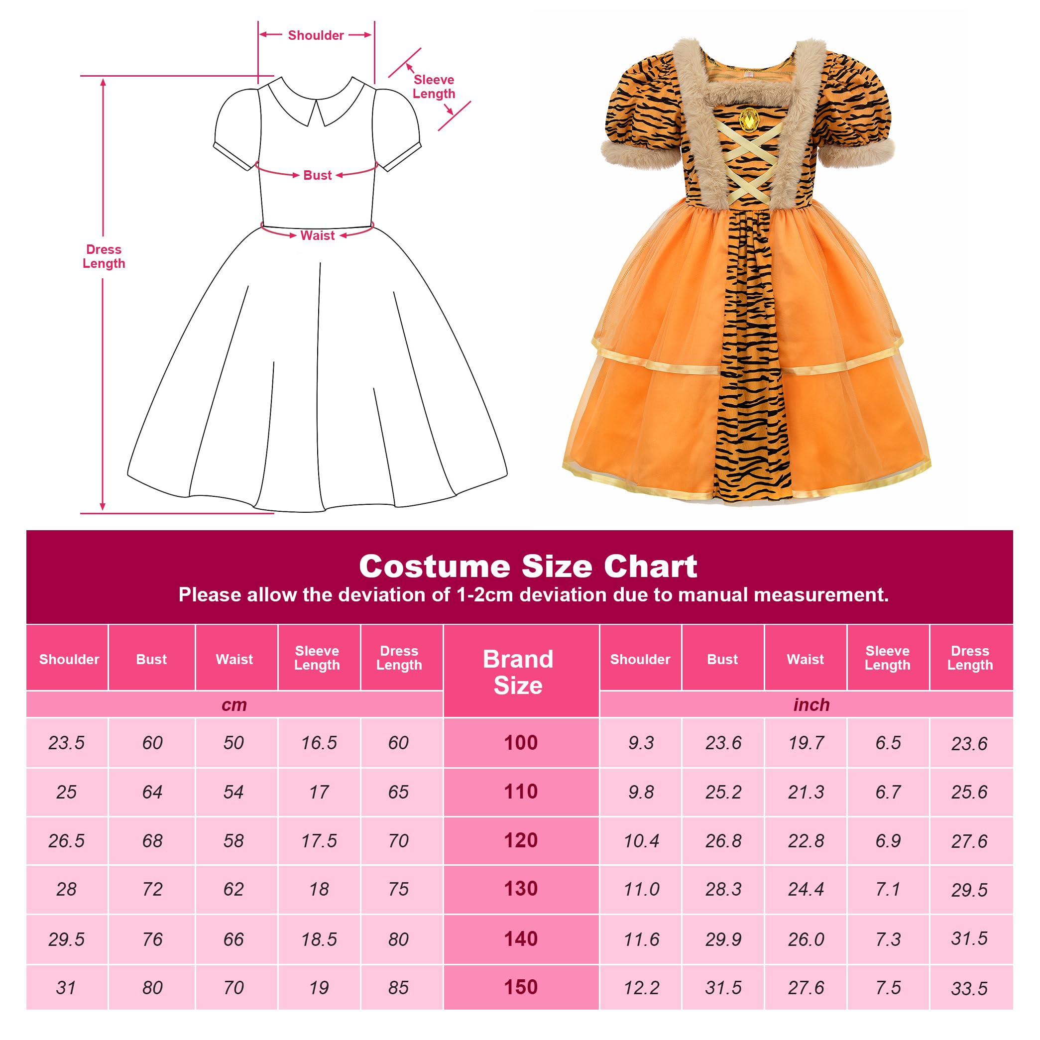 ReliBeauty Disfraz Tigre Niña Traje Tigresa Vestido de Animales con Cola Orejas y Manguitos Carnaval Halloween