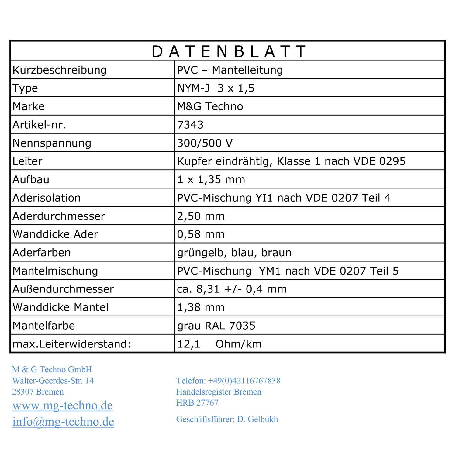 M&G Techno 50m NYM-J 3x1,5 mmІ Mantelleitung Feuchtraumkabel Elektrokabel Kupfer Made in Germany, 8820, Grau
