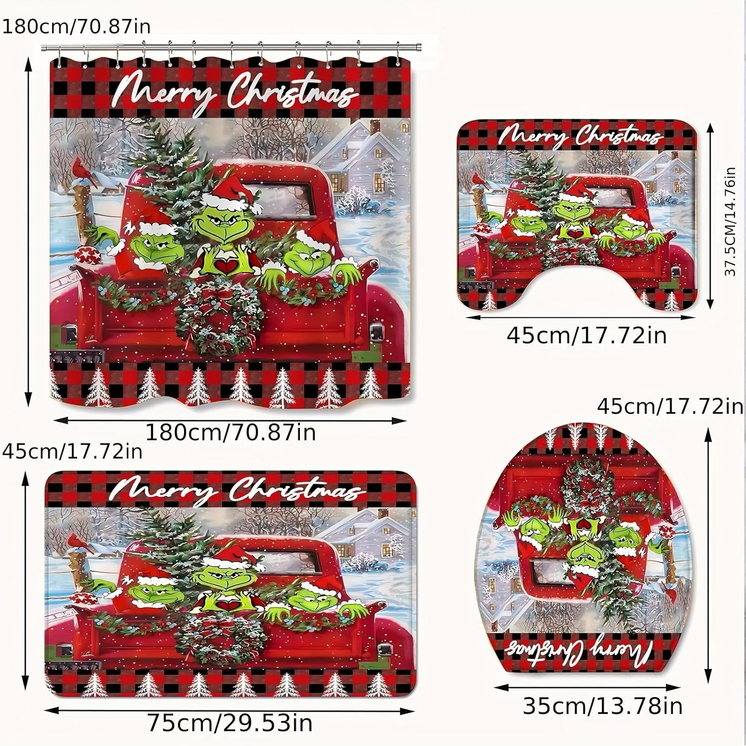 4Pcs Christmas Shower Curtain Sets with Non-Slip Rugs, Toilet Lid Cover and Non-Slip U Shape Bath Mat, Bathroom Sets with Hooks Xmas Bathroom Home Decorations 71'' x 71'' (4Pcs Set)