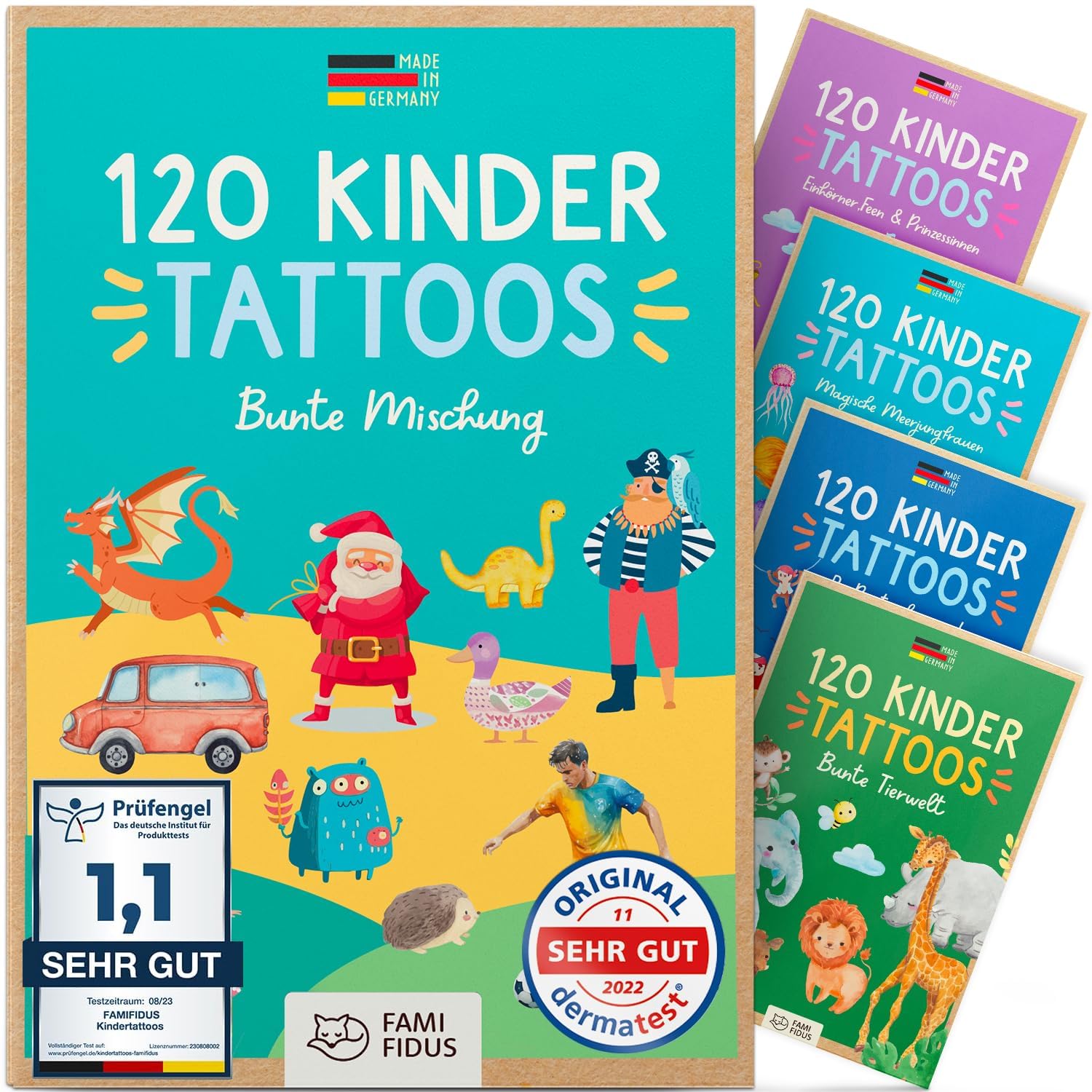 Famifidus 120 Kinder Tattoos hautfreundlich I Zauberhaftes Geschenk für Mädchen und Jungen I Dermatologisch SEHR GUT I Tattoo Kinder Made in Germany I Tattoo für Jungs & Mädchen