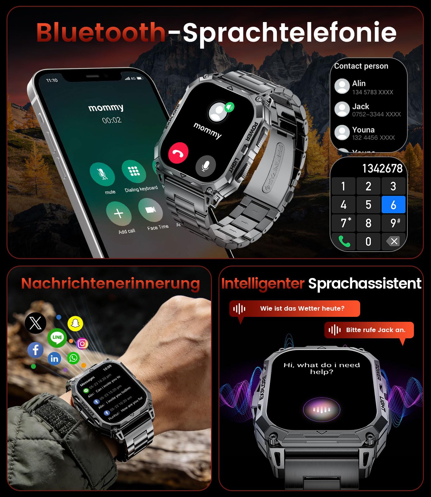 FITFLEX Militär Smartwatch Herren mit 1000 mAh,2,01" HD Großes Touchscreen Smartwatch mit Telefonfunktion/Herzfrequenz/SpO2/Schlafmonitor,IP68 Wasserdicht Fitnessuhr mit 120+Sportmodi für iOS Android
