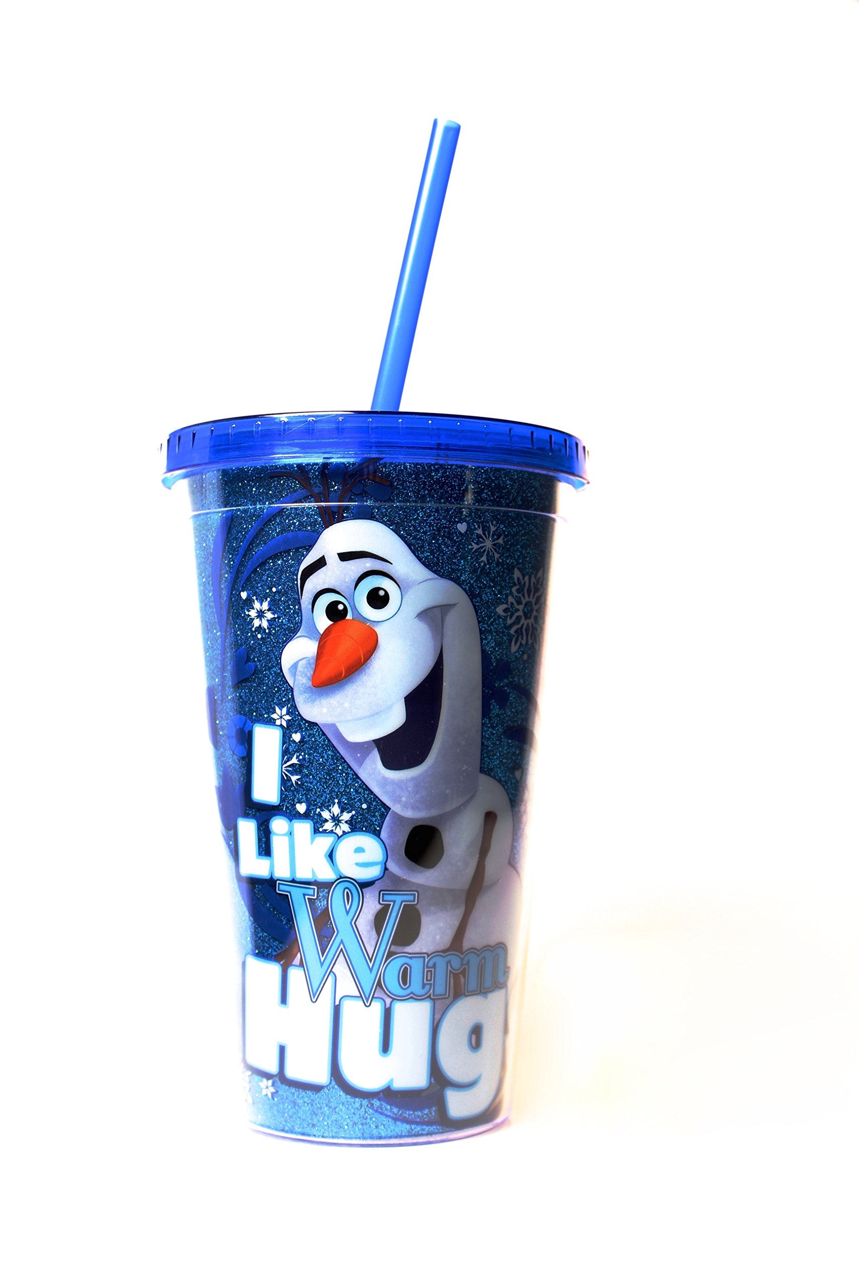 Silver Buffalo DP40087G Disney Frozen Olaf Warm Hugs Glitter Plastic Cold Cup with Lid and Straw, 16-Ounces