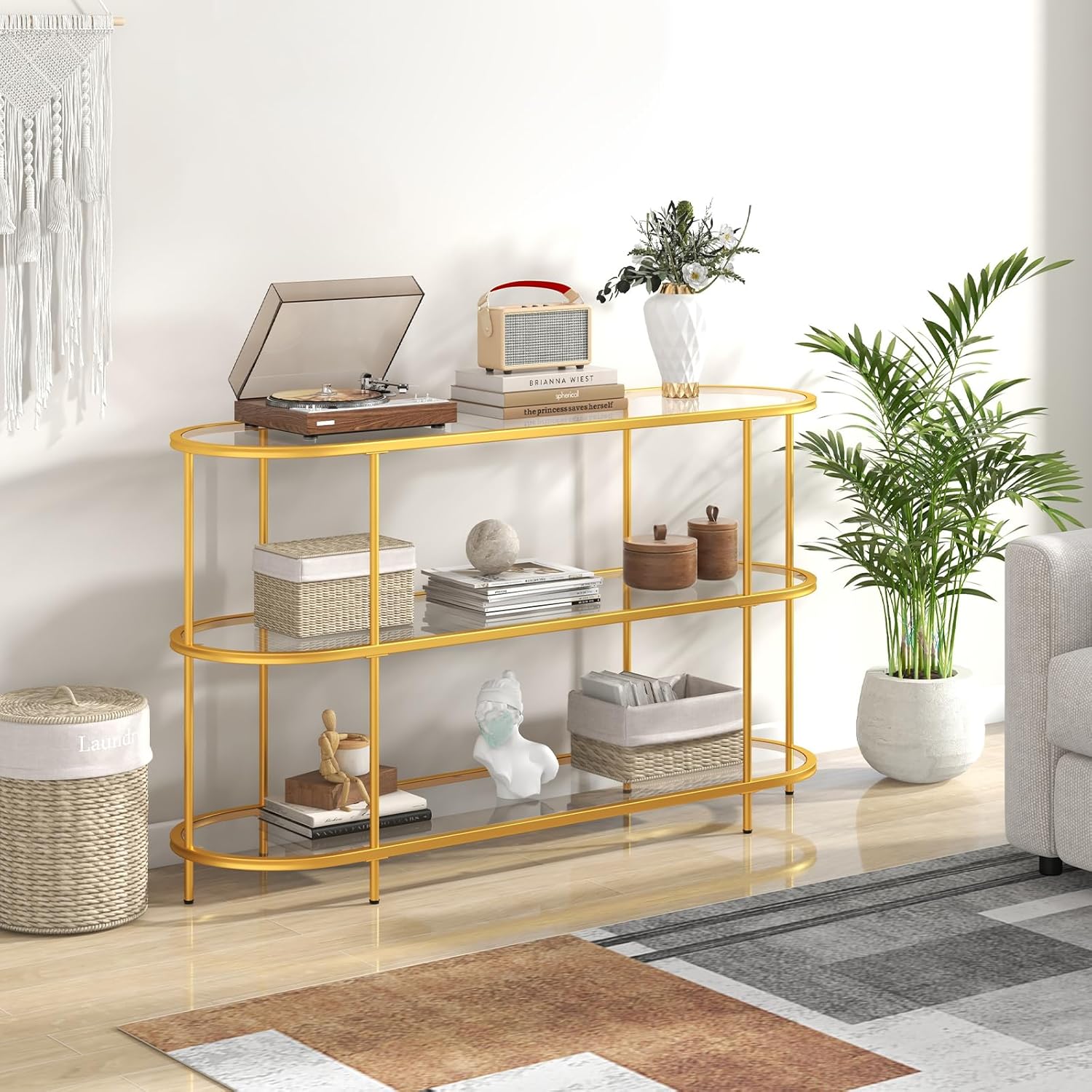 Tangkula Gold TV Stand for TVs up to 65”, 55” 3-Tier TV Console Table with Tempered Glass Shelves & Golden Metal Frame, Modern Media Entertainment Center for Living Room & Entryway, Gold (55”, Oval) Oval 55”