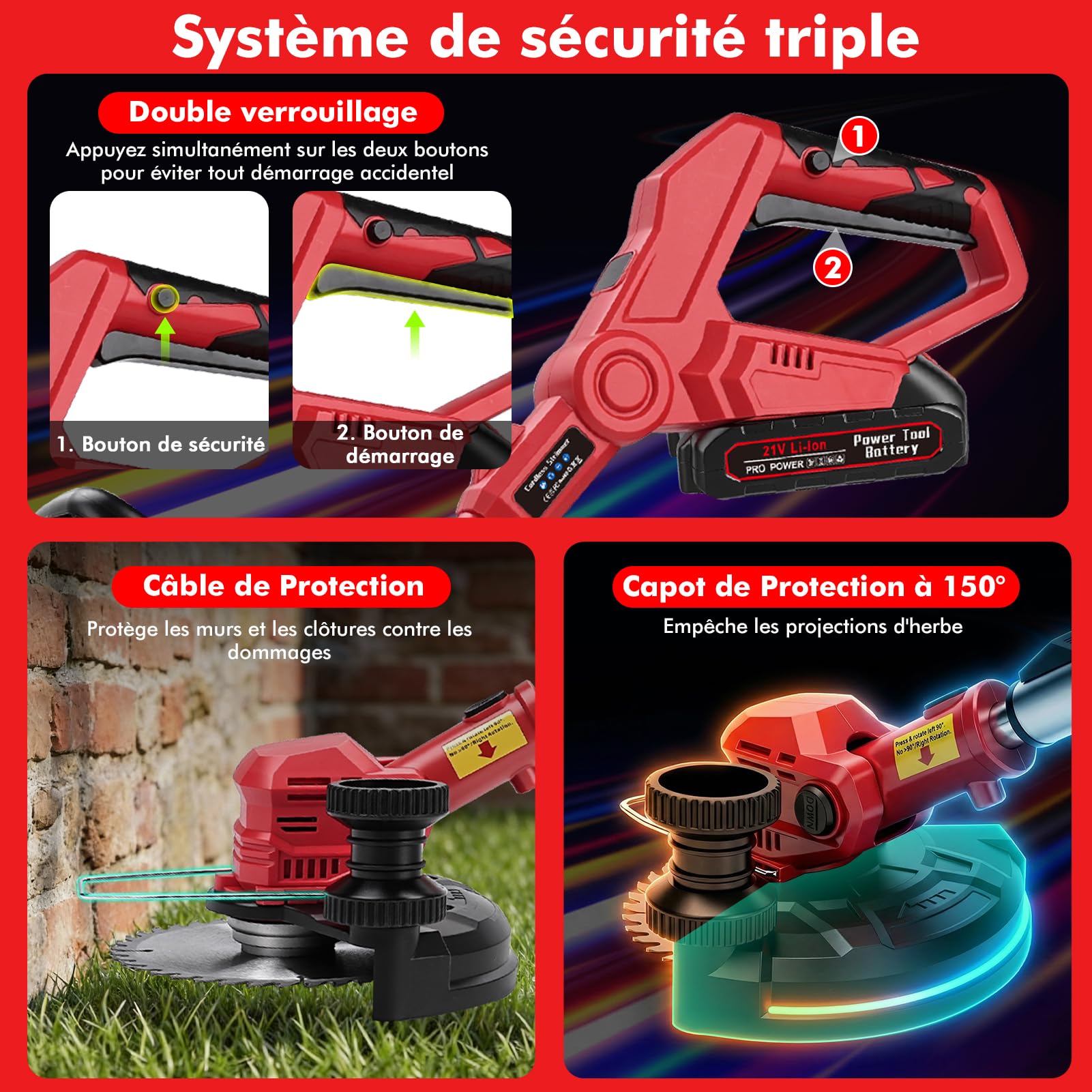Débroussailleuse à Electrique sans Fil 21V, 3 en 1 Taille Herbe, Debrouissalleuses et Coupe Bordure, 8" Coupe Bordure avec 2 Batteries et Chargeur, Taille Bordure avec Roues & 4 Lames, pour Élagage