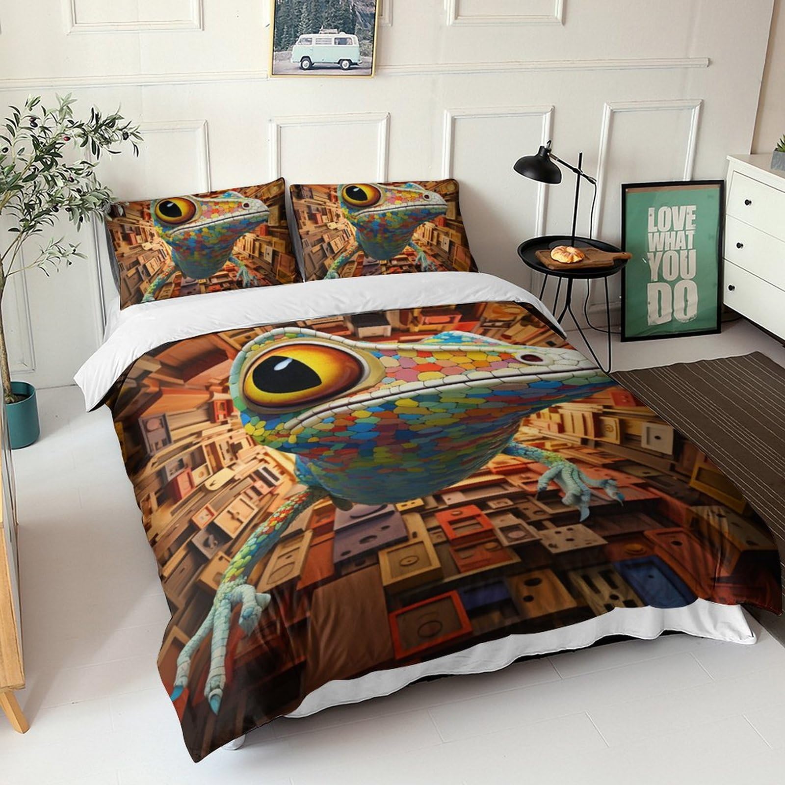 Housse de couette lézard jaune animaux de l'espace parure de lit microfibre 3D adulte