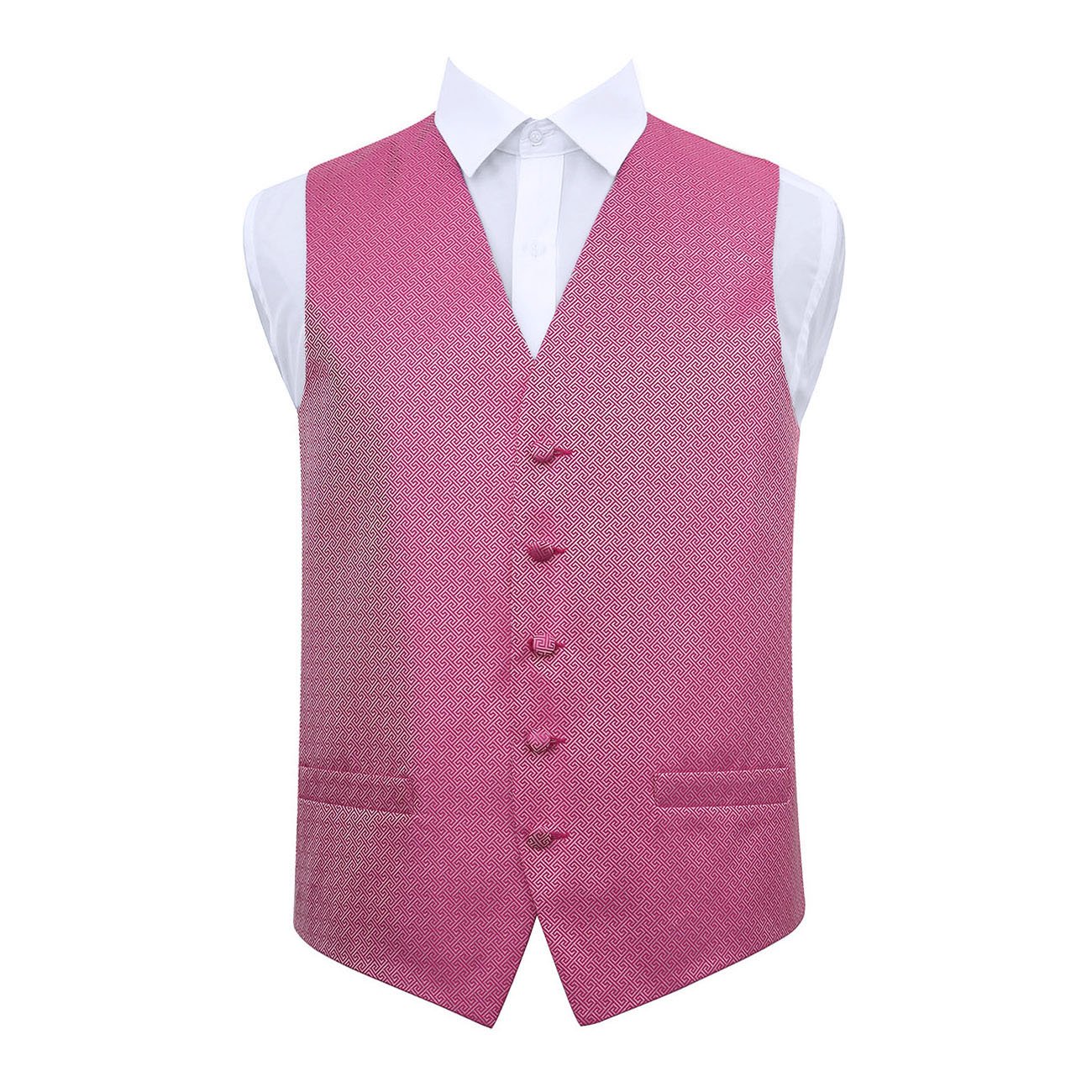 DQT Mens Greek Key Patterned Jacquard Waistcoat – Wedding Business & Formal Suit Vest - Fuchsia Pink 44" (2XL)