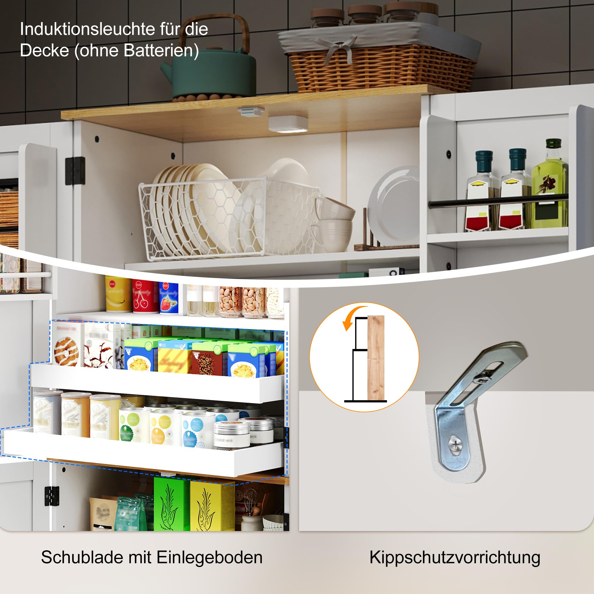 Merax Küchenschrank mit LED, Vorratsschrank mit 4-Türiger, 2 Schublade und Gewürzregal, Buffetschrank mit Höhenverstellbaren Einlegeböden, Küchenbuffet für Küche, 80×40×180cm, Weiß