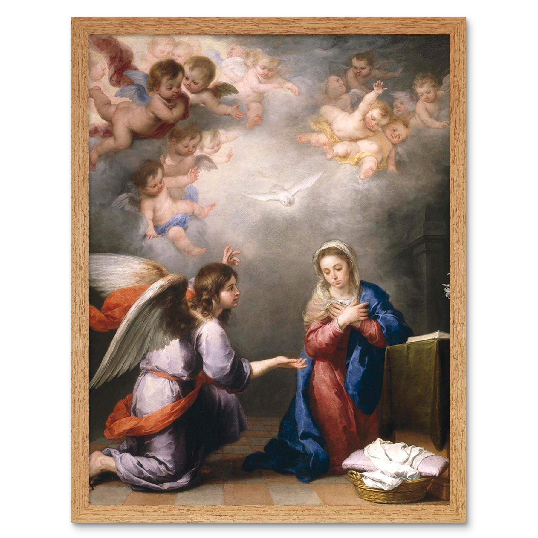 Wee Blue Coo Painting Mary Annunciation Cherub Angel Religion Christian Art Print Framed Poster Wall Decor 12X16 Inch