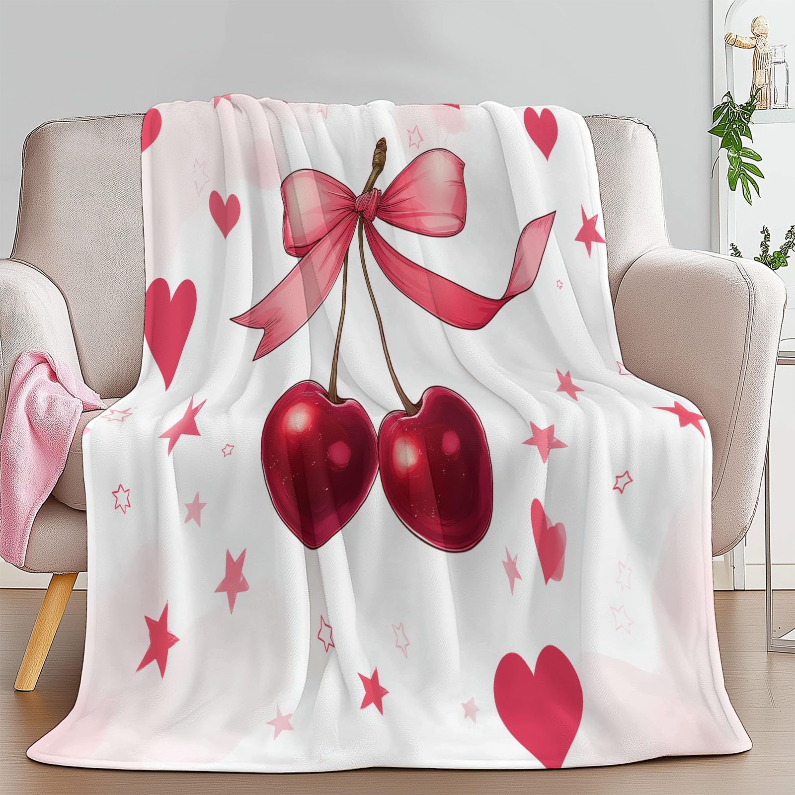 Genérico Manta de Franela de Forro Polar para Niños y Adultos 220 x 240 cm, Mantas para Sofa Estampado Encantador Lindo Cereza En Forma De Corazón - Manta Crema Suave Cálida Transpirable Ligera