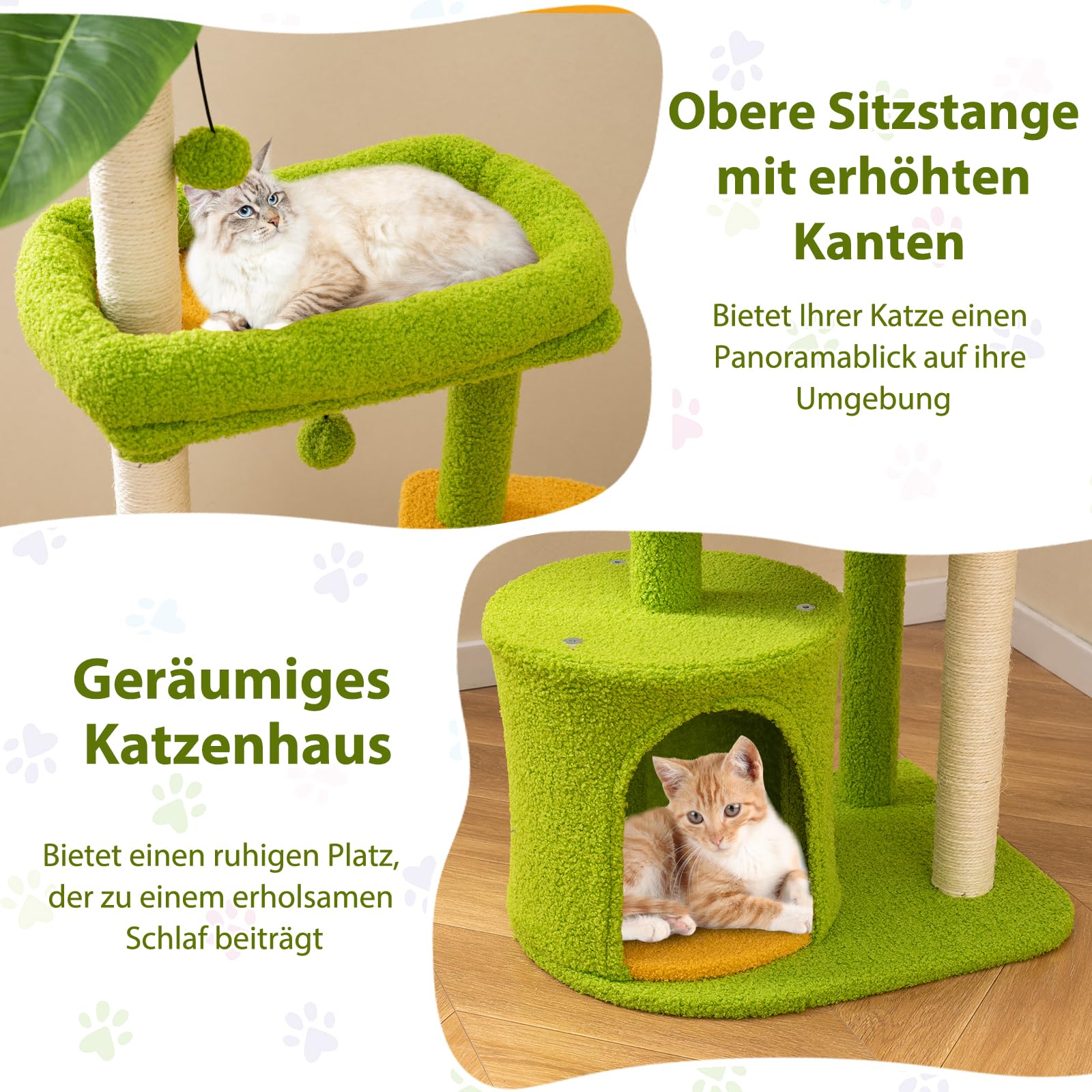 COSTWAY Kratzbaum, Katzenbaum mit Katzenhöhle, künstlichen Blättern, Katzenbürste, Liege, Sisal-Kratzpfosten, Plattformen & Bällen, Kletterbaum Katzen Katzenkratzbaum, 122 cm hoch, Grün+Orange