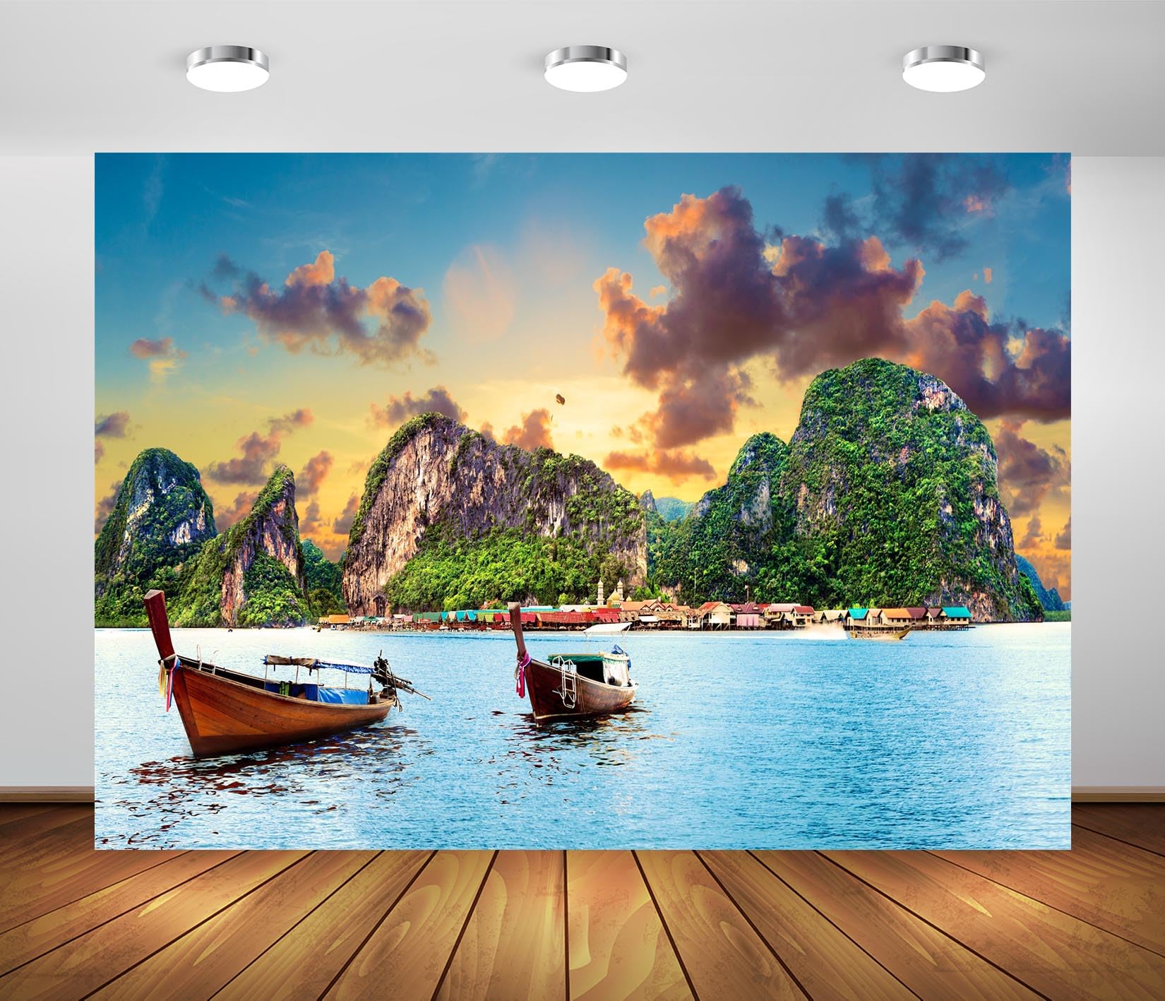 Tapisserie Murale 150x130 Cm - Scène Thaïlandaise Mer Bateau Montagne - Tissu Polyester - Décoration Chambre, Salon - 10
