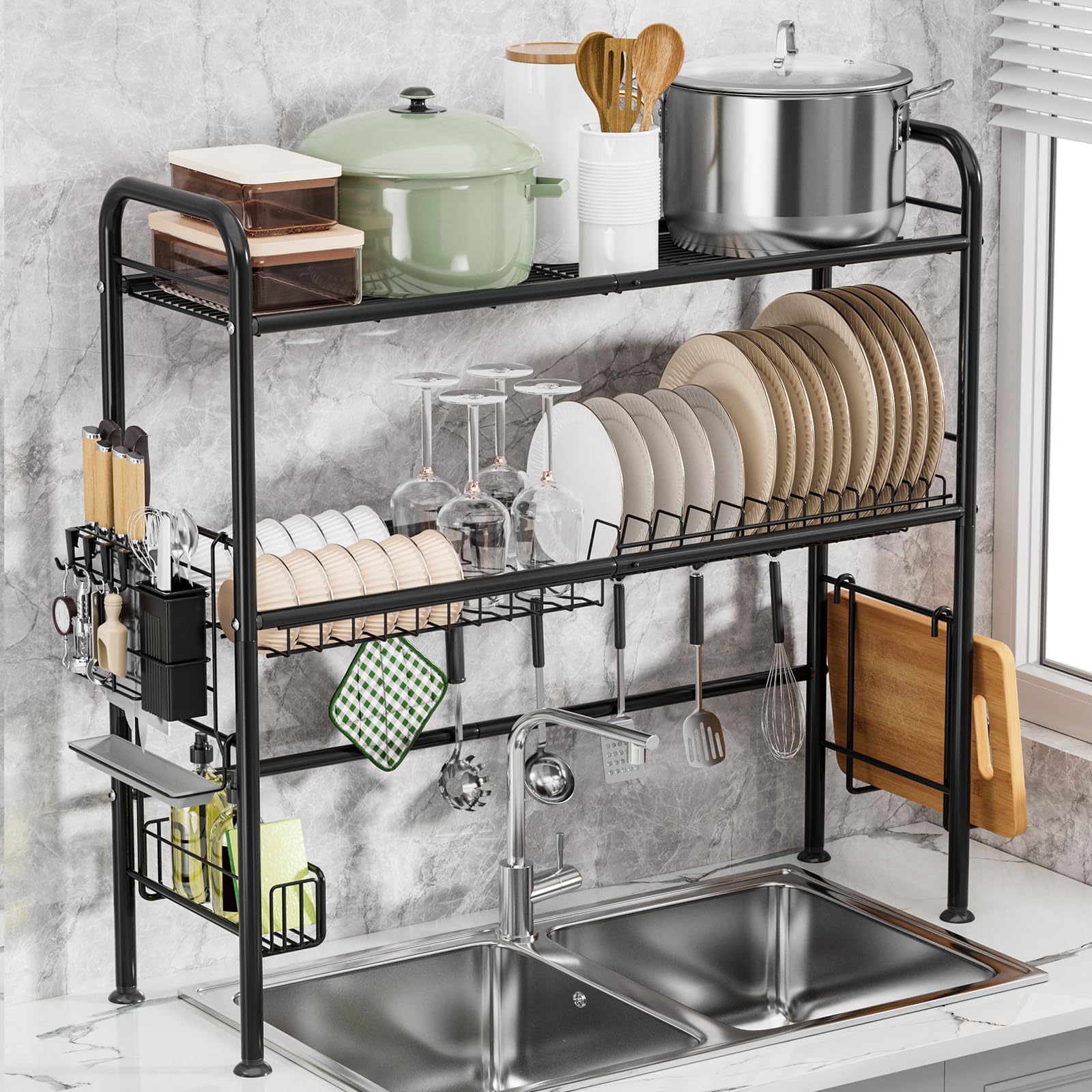 GAOKASE Escurreplatos grande sobre el fregadero, estante de 2 niveles con soporte para utensilios, escurridor de platos para encimera de cocina, organizador de cocina de metal (apto para fregadero ≤