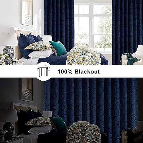 Miniatura 4 de OWENIE Zora - Cortinas opacas azul marino para dormitorio de 63 pulgadas de largo, 2 paneles, patrón geométrico jacquard texturizado enrejado,